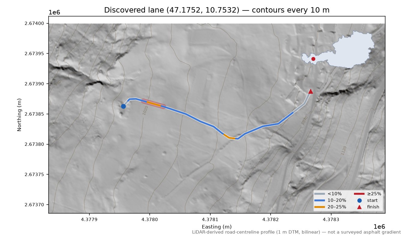 Discovered lane (47.1752, 10.7532) LiDAR hillshade map with contours