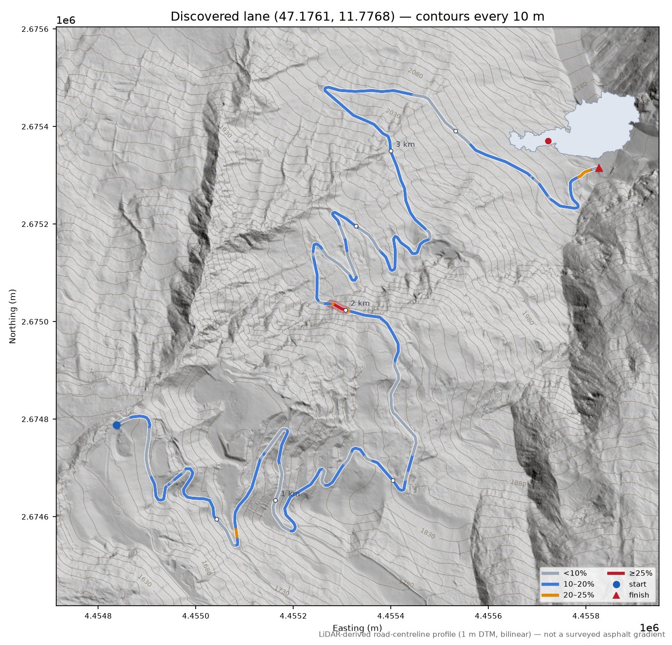 Discovered lane (47.1761, 11.7768) LiDAR hillshade map with contours