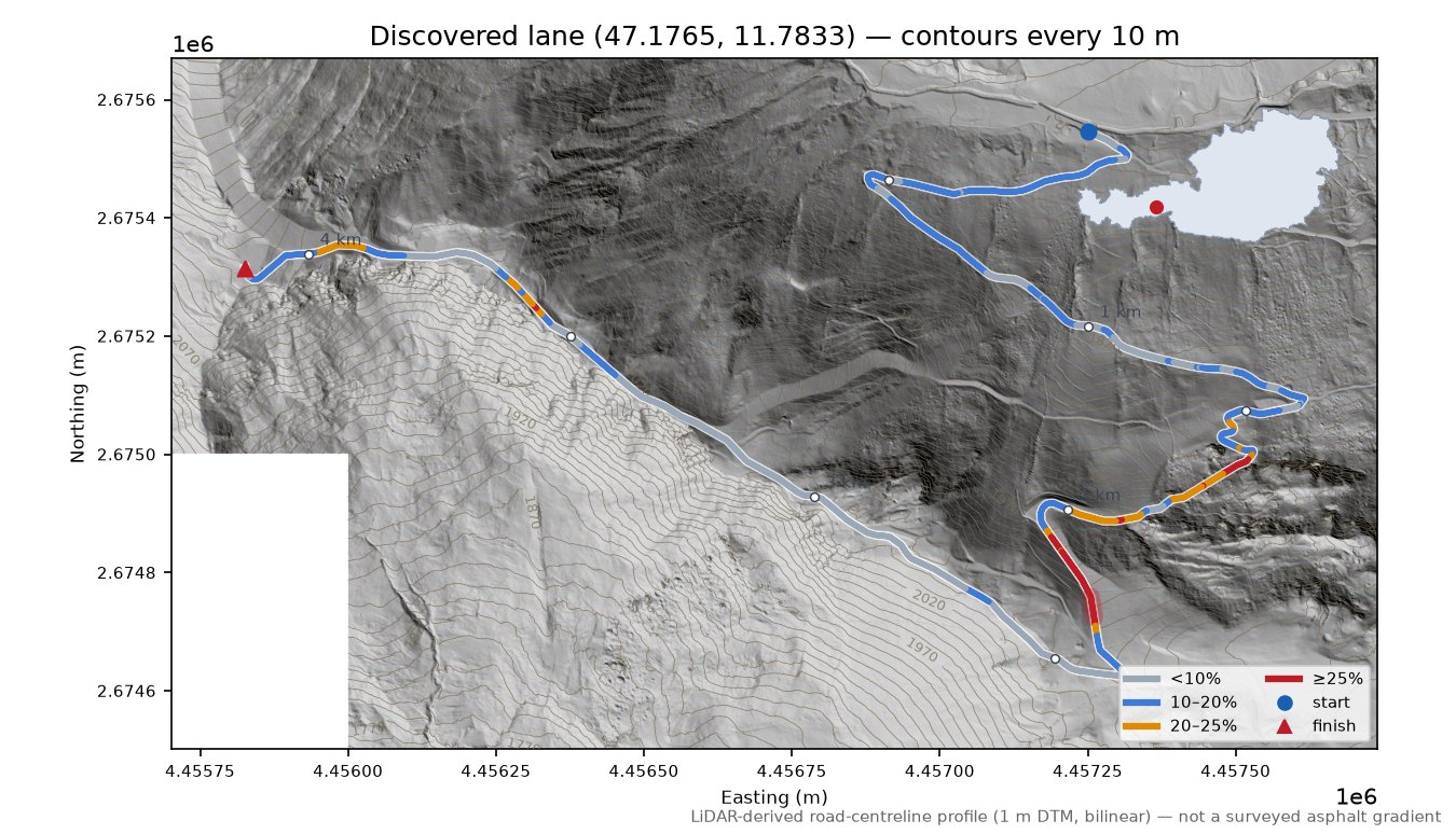 Discovered lane (47.1765, 11.7833) LiDAR hillshade map with contours
