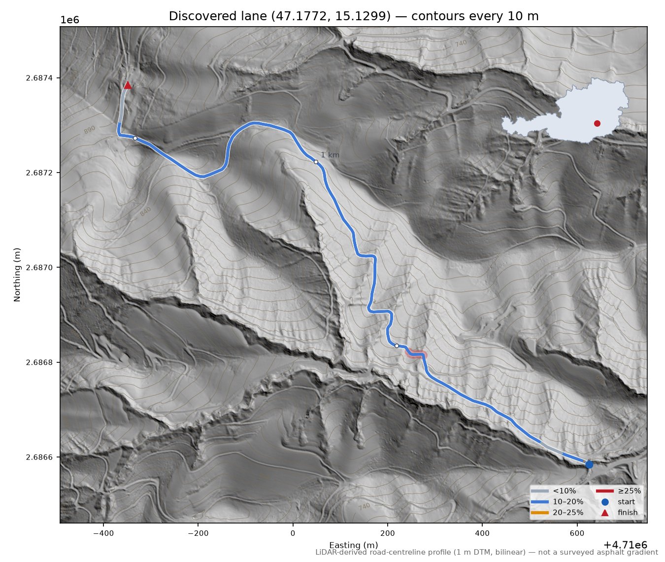 Discovered lane (47.1772, 15.1299) LiDAR hillshade map with contours