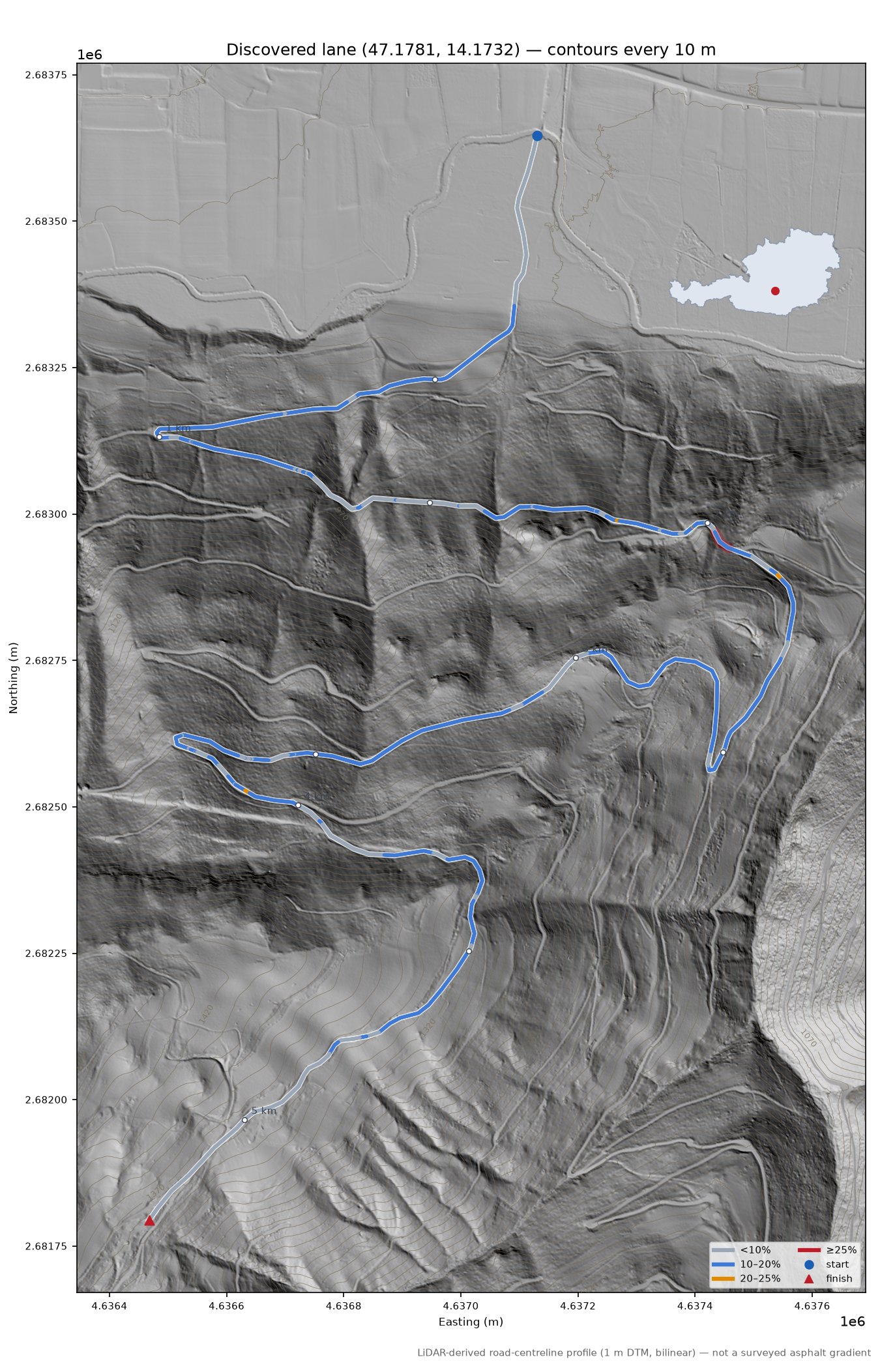 Discovered lane (47.1781, 14.1732) LiDAR hillshade map with contours