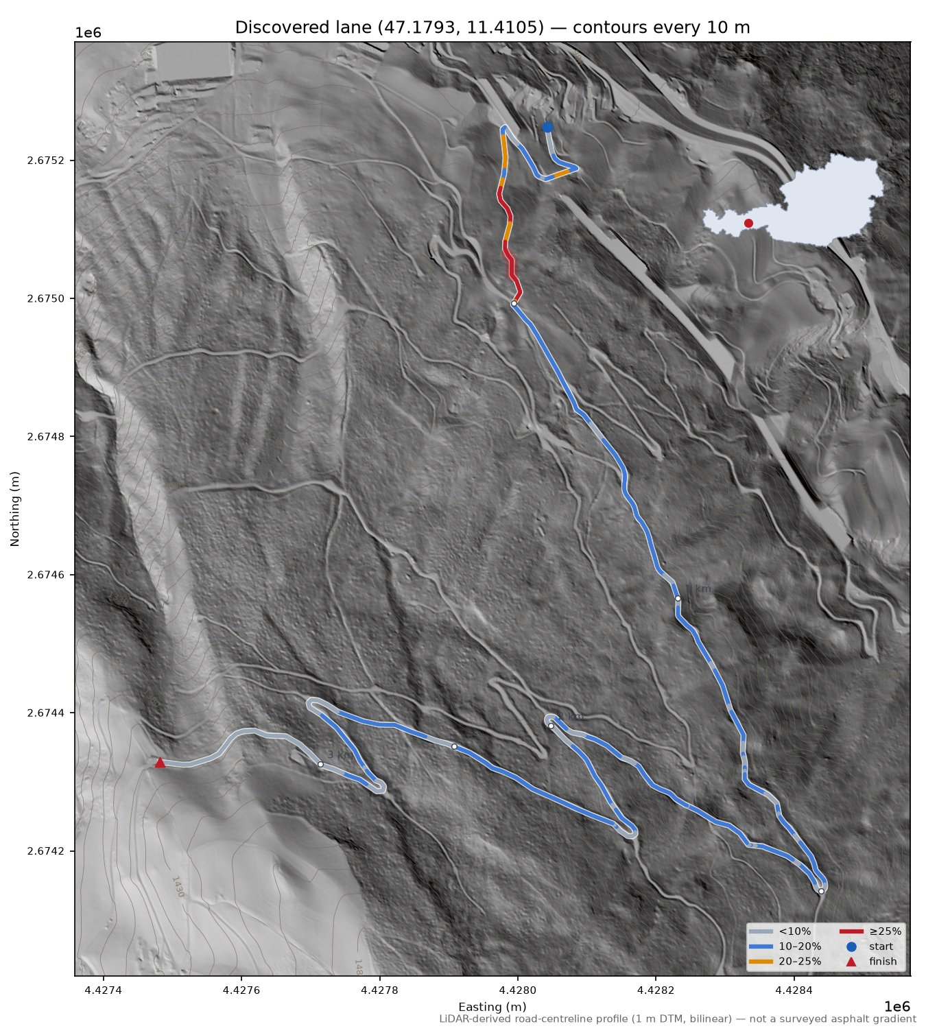 Discovered lane (47.1793, 11.4105) LiDAR hillshade map with contours