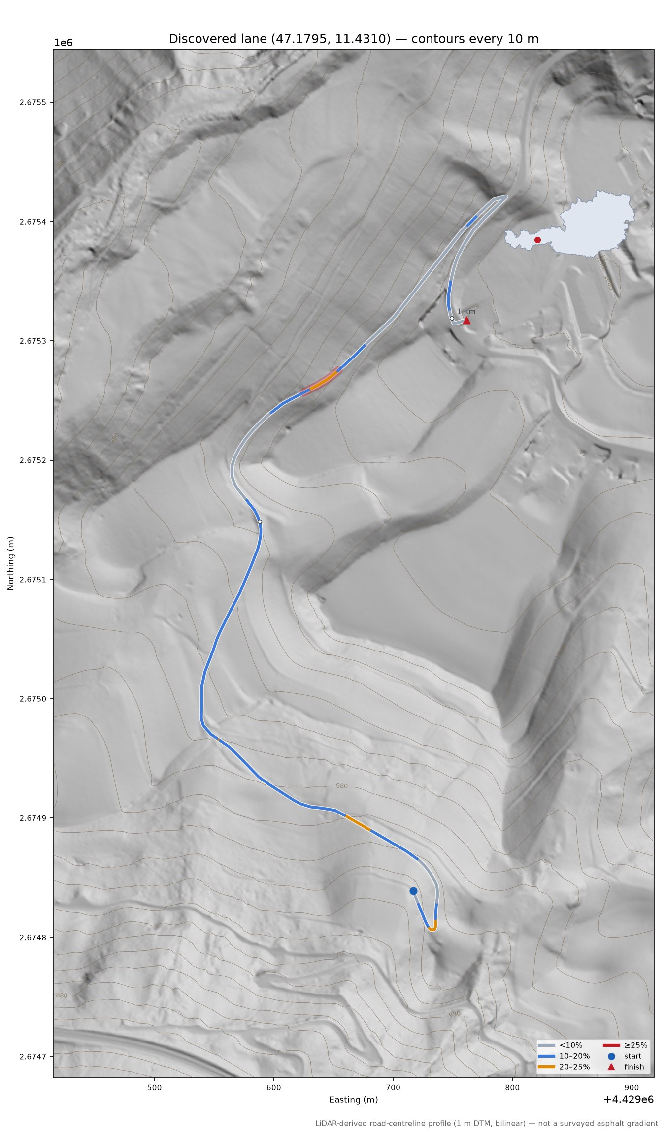 Discovered lane (47.1795, 11.4310) LiDAR hillshade map with contours