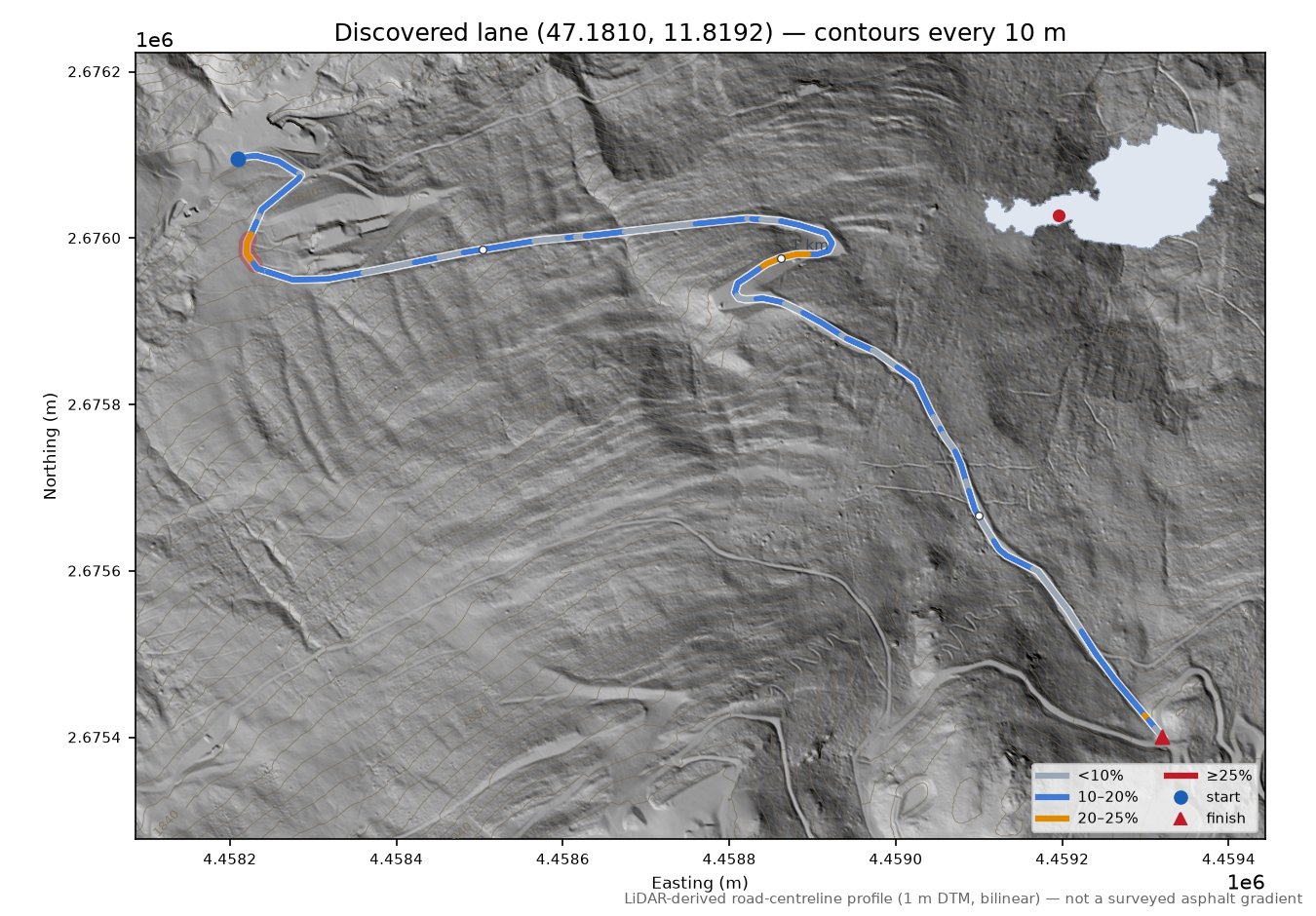 Discovered lane (47.1810, 11.8192) LiDAR hillshade map with contours