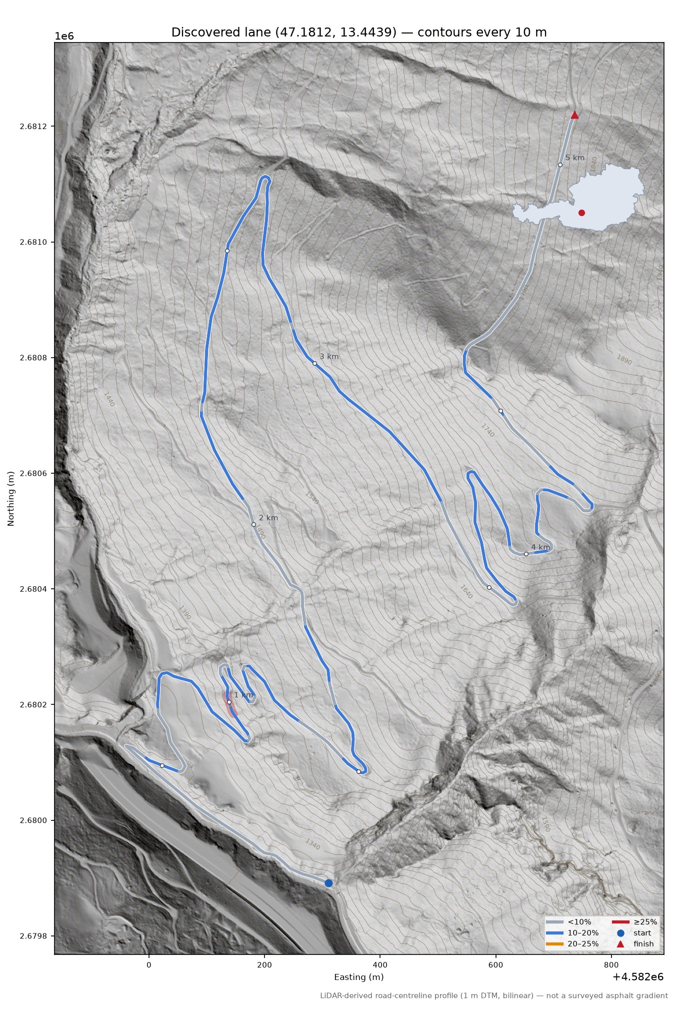 Discovered lane (47.1812, 13.4439) LiDAR hillshade map with contours