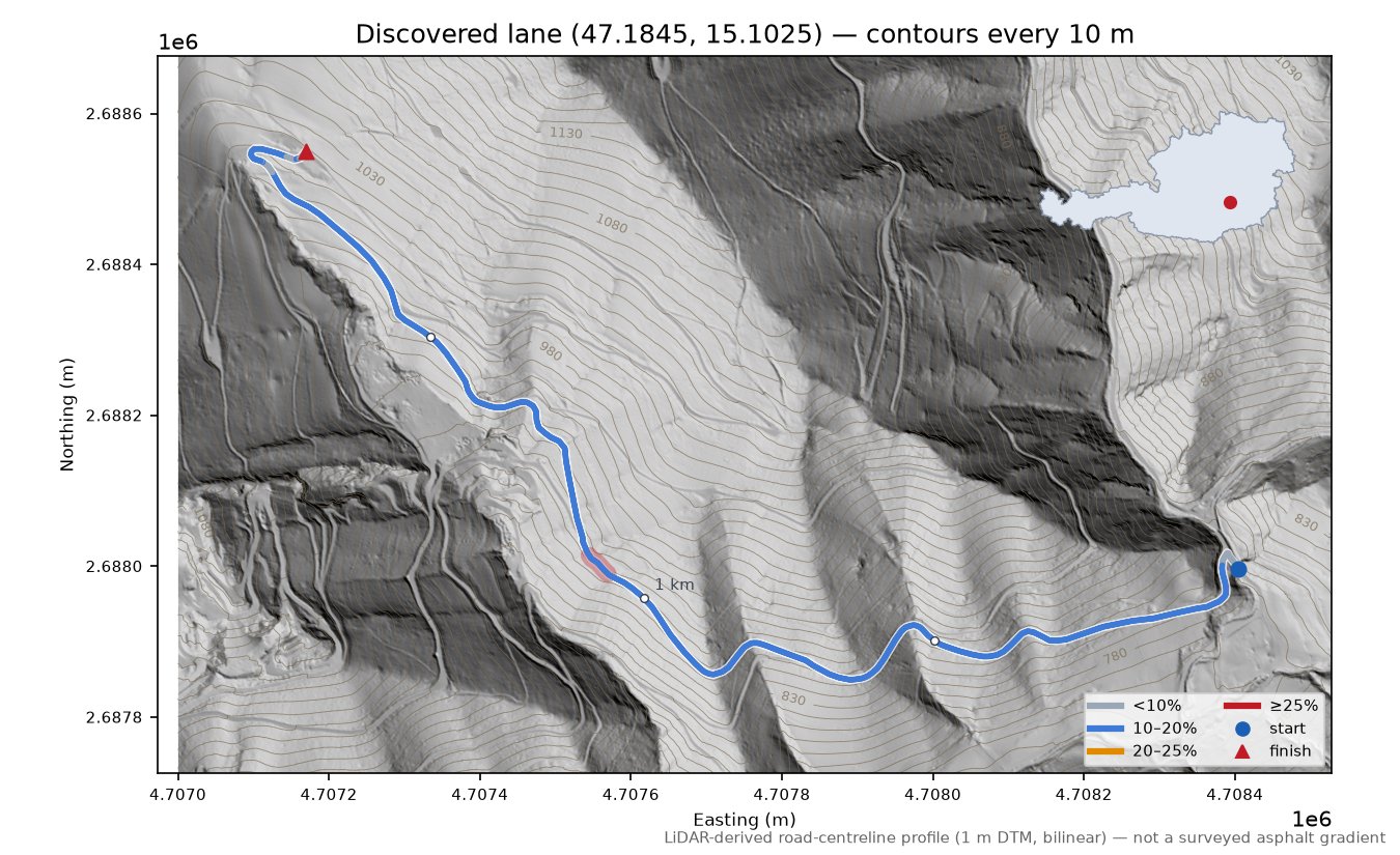 Discovered lane (47.1845, 15.1025) LiDAR hillshade map with contours