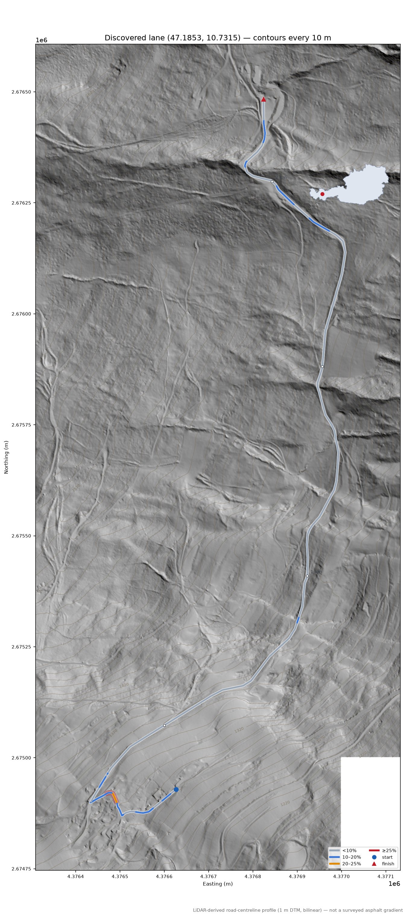 Discovered lane (47.1853, 10.7315) LiDAR hillshade map with contours