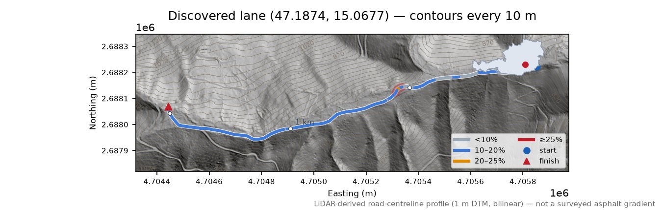 Discovered lane (47.1874, 15.0677) LiDAR hillshade map with contours