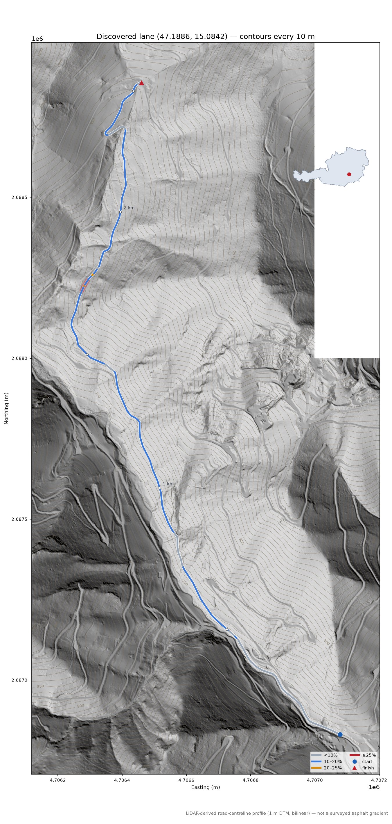Discovered lane (47.1886, 15.0842) LiDAR hillshade map with contours