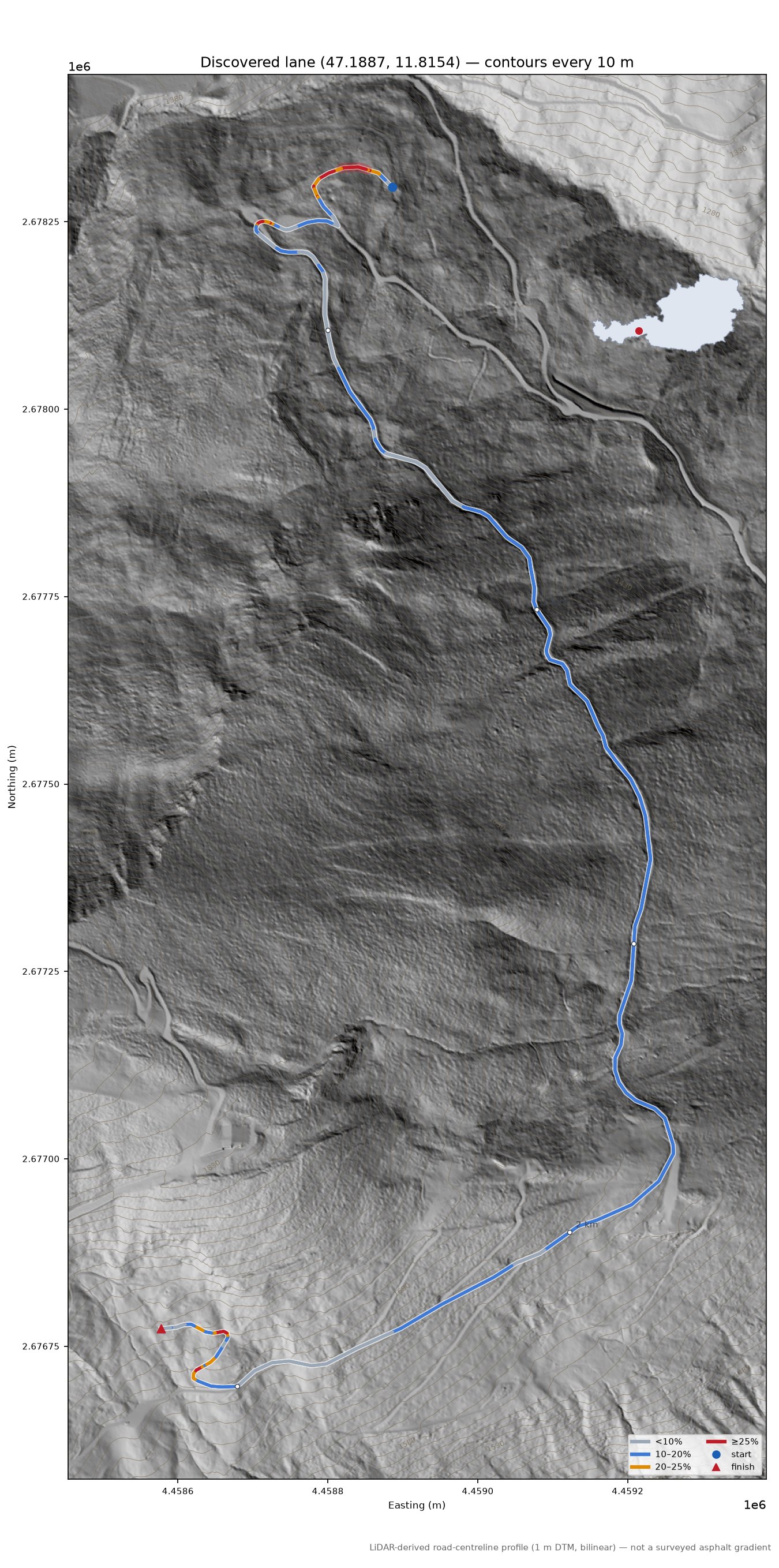 Discovered lane (47.1887, 11.8154) LiDAR hillshade map with contours