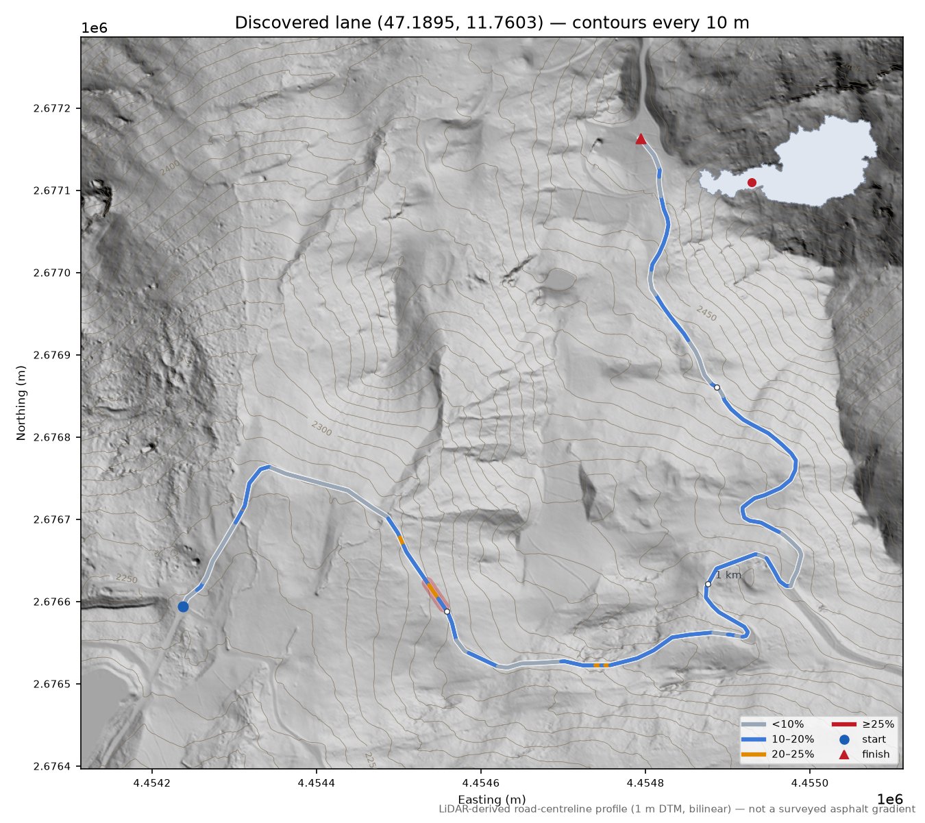 Discovered lane (47.1895, 11.7603) LiDAR hillshade map with contours