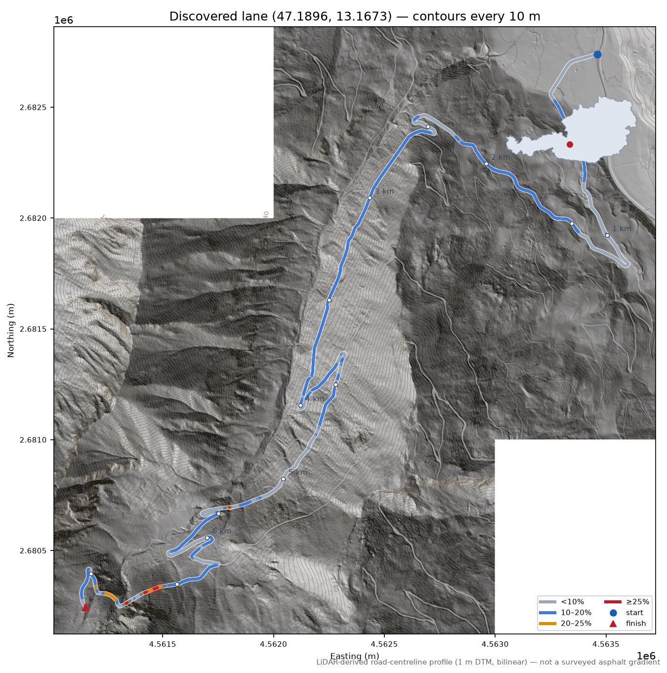Discovered lane (47.1896, 13.1673) LiDAR hillshade map with contours