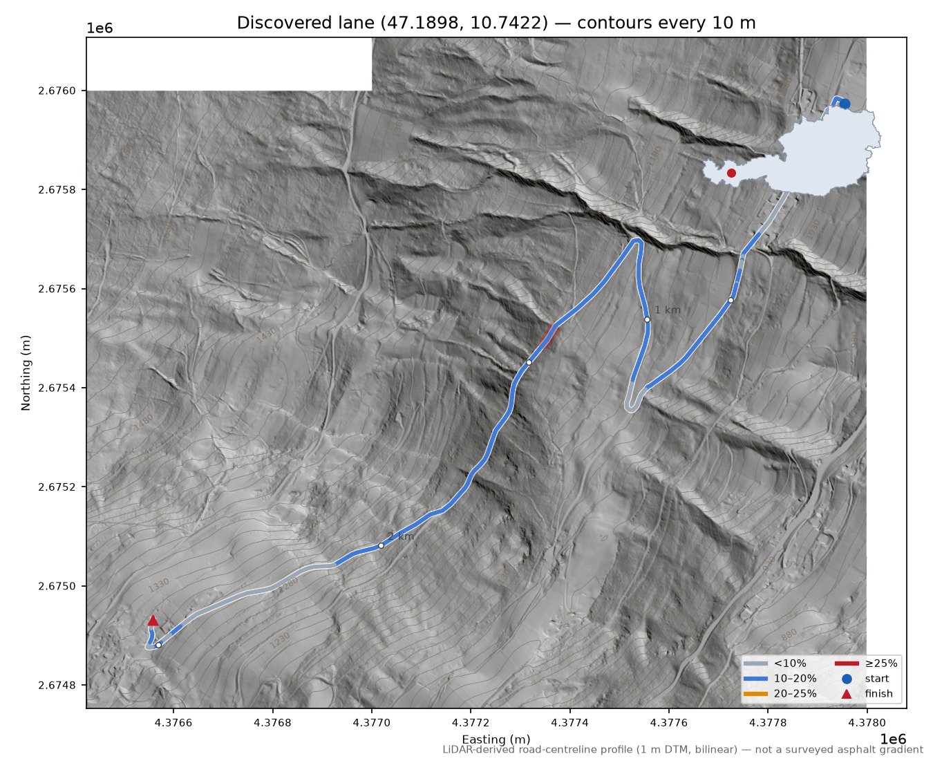 Discovered lane (47.1898, 10.7422) LiDAR hillshade map with contours