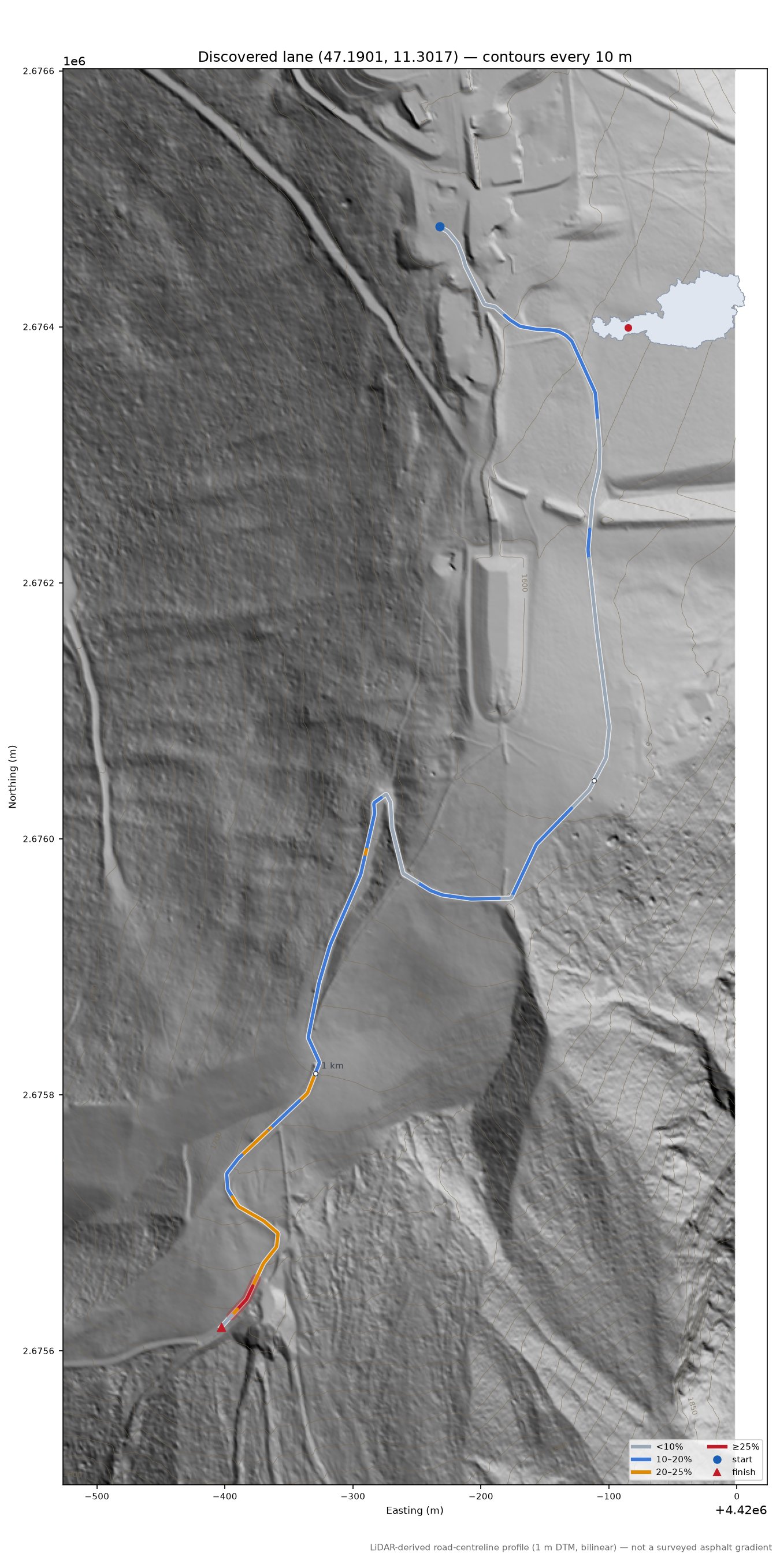 Discovered lane (47.1901, 11.3017) LiDAR hillshade map with contours