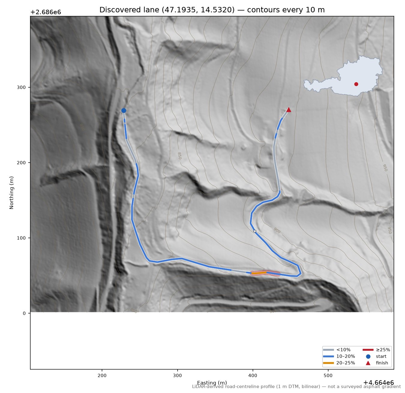 Discovered lane (47.1935, 14.5320) LiDAR hillshade map with contours