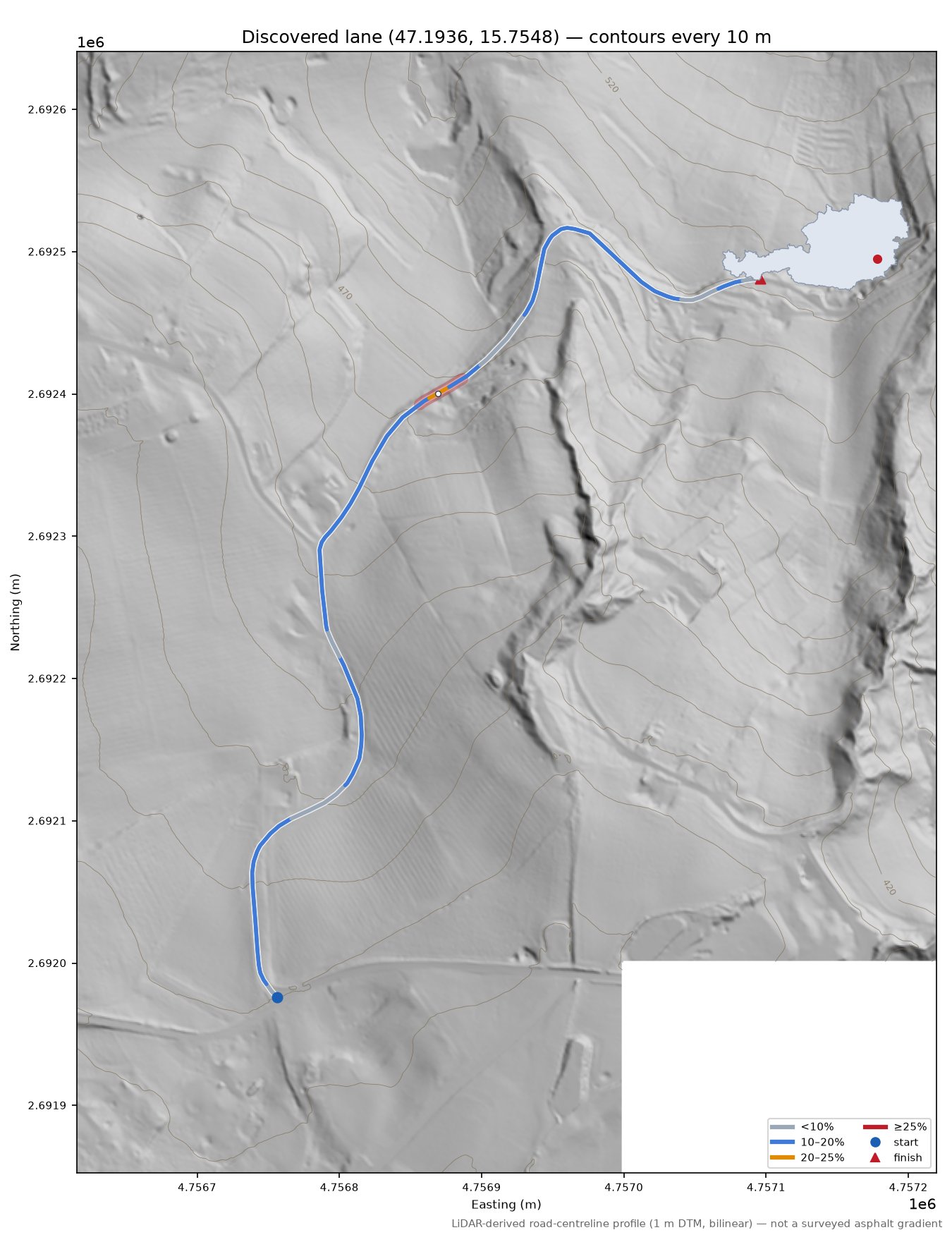 Discovered lane (47.1936, 15.7548) LiDAR hillshade map with contours