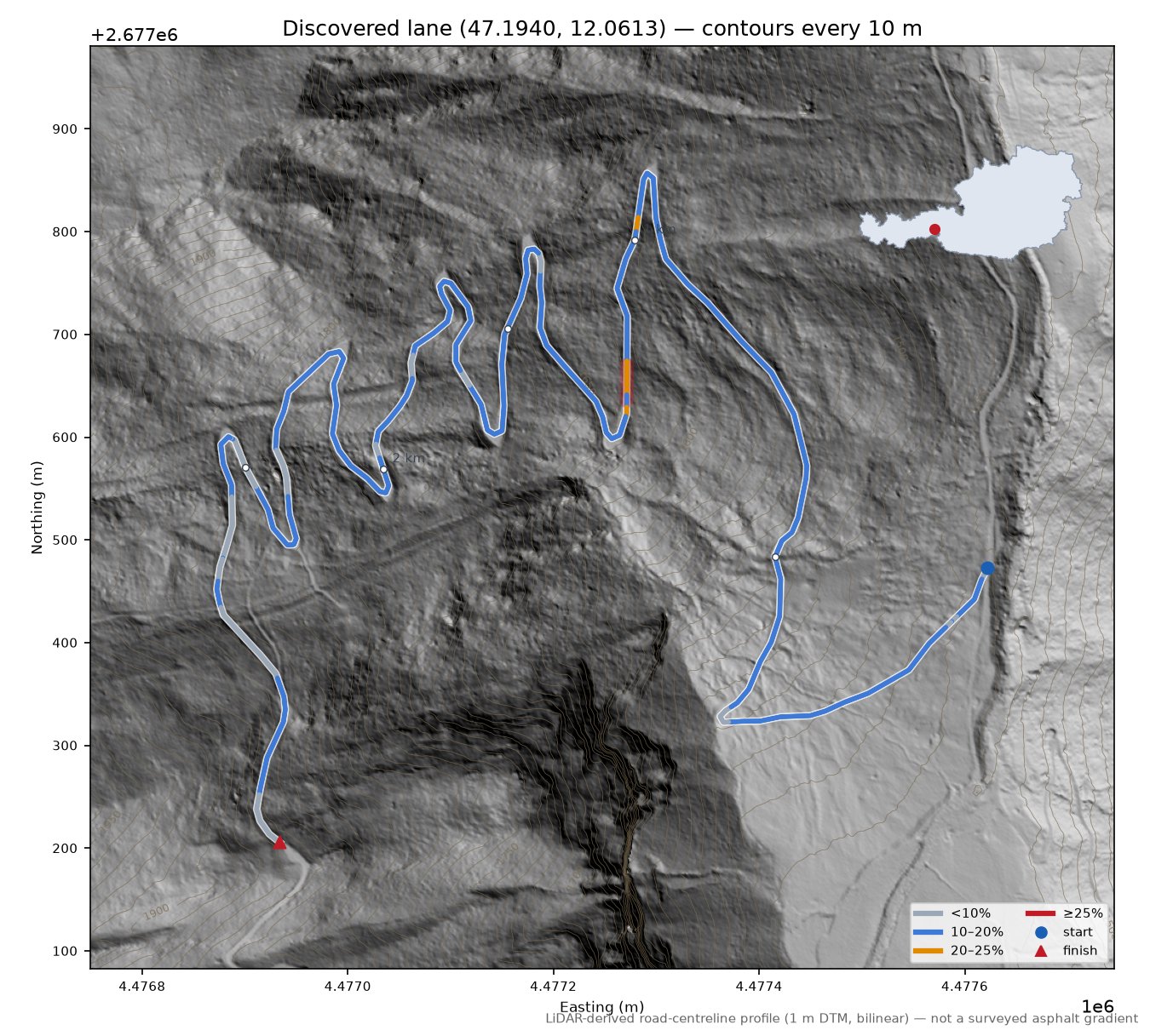 Discovered lane (47.1940, 12.0613) LiDAR hillshade map with contours