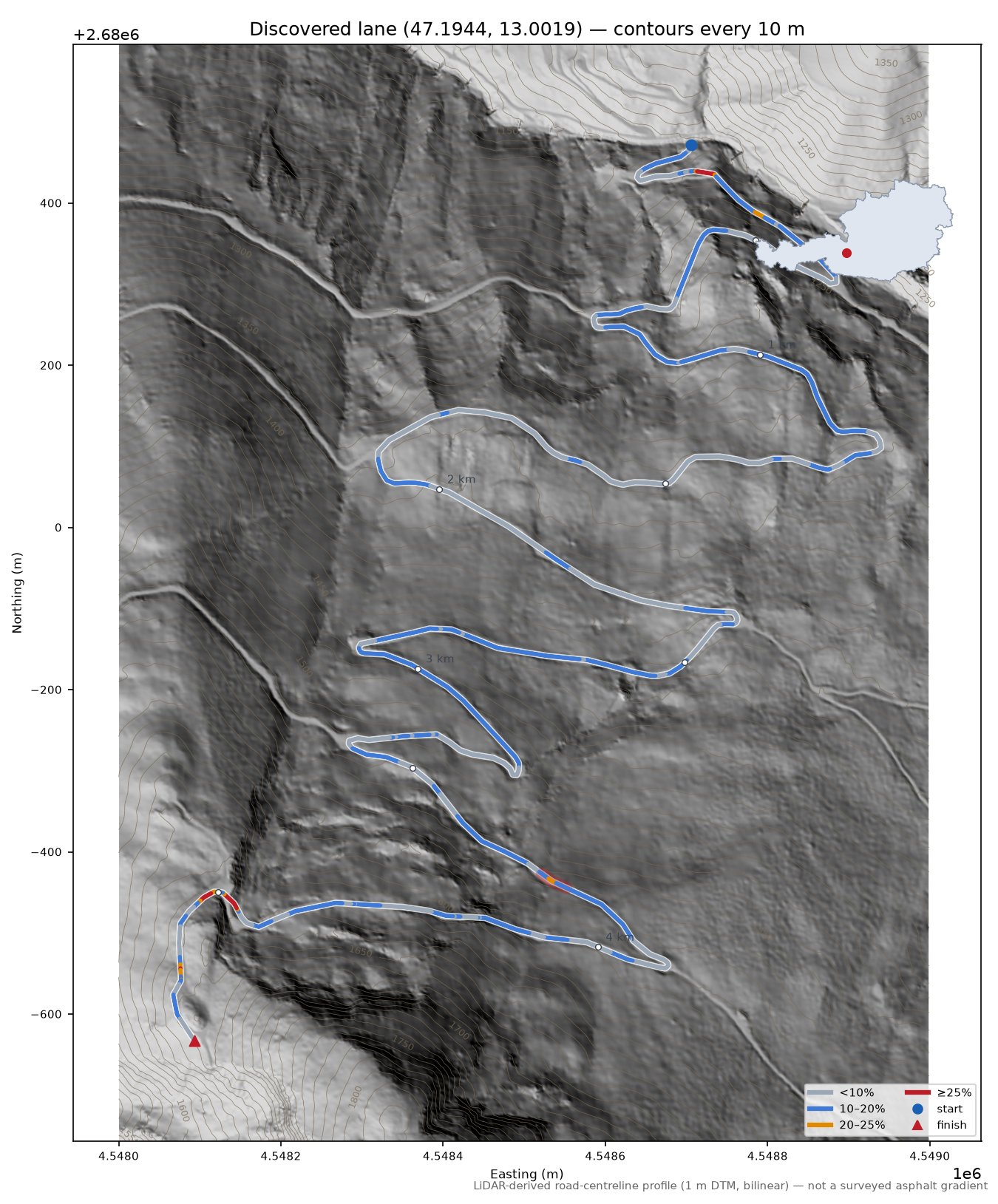 Discovered lane (47.1944, 13.0019) LiDAR hillshade map with contours
