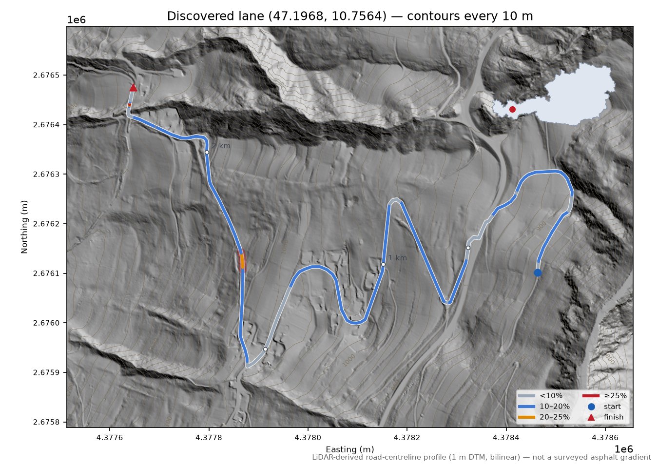 Discovered lane (47.1968, 10.7564) LiDAR hillshade map with contours