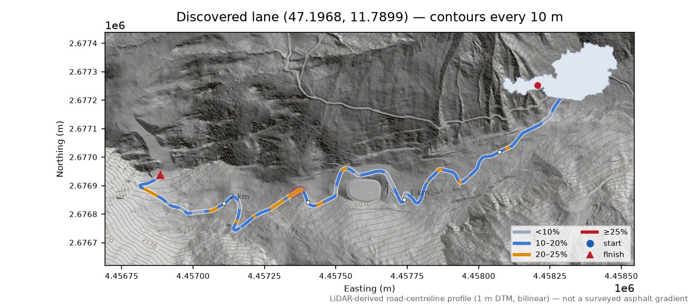 Discovered lane (47.1968, 11.7899) LiDAR hillshade map with contours