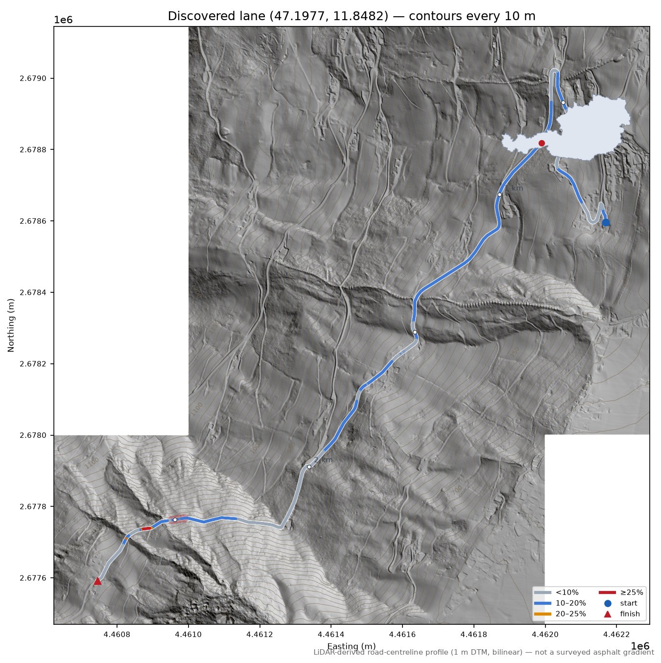 Discovered lane (47.1977, 11.8482) LiDAR hillshade map with contours