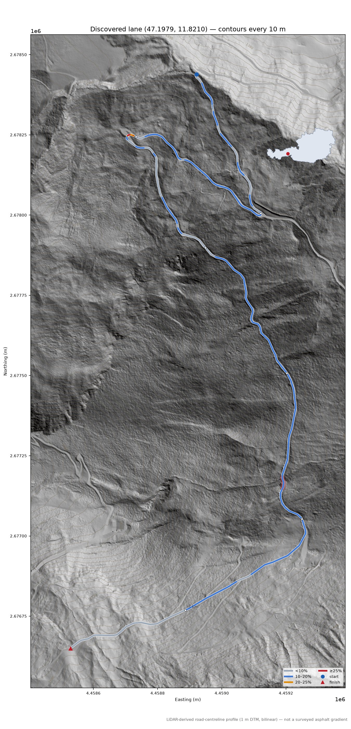 Discovered lane (47.1979, 11.8210) LiDAR hillshade map with contours