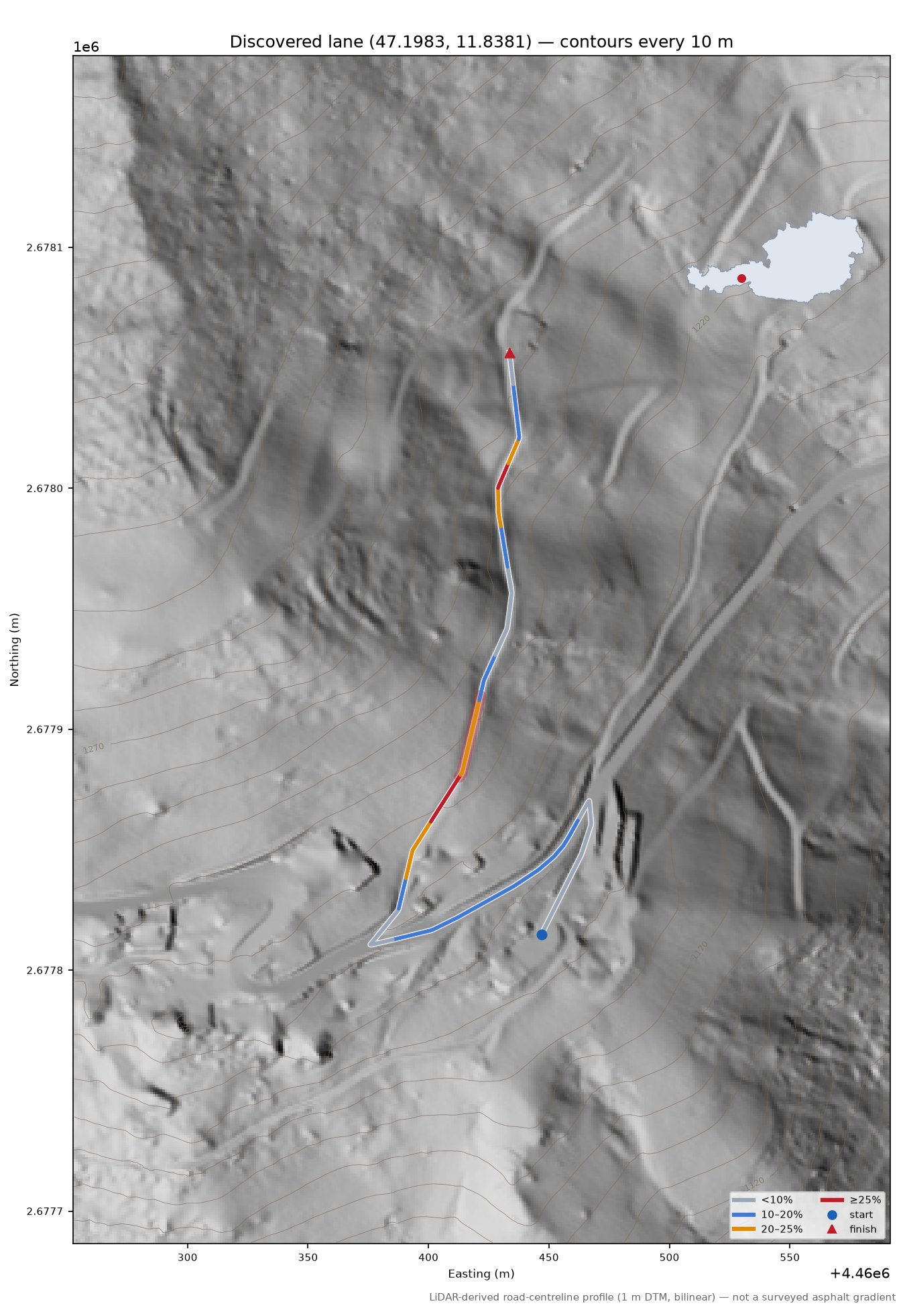 Discovered lane (47.1983, 11.8381) LiDAR hillshade map with contours