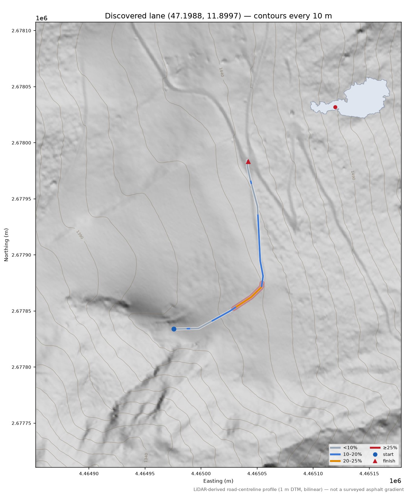 Discovered lane (47.1988, 11.8997) LiDAR hillshade map with contours