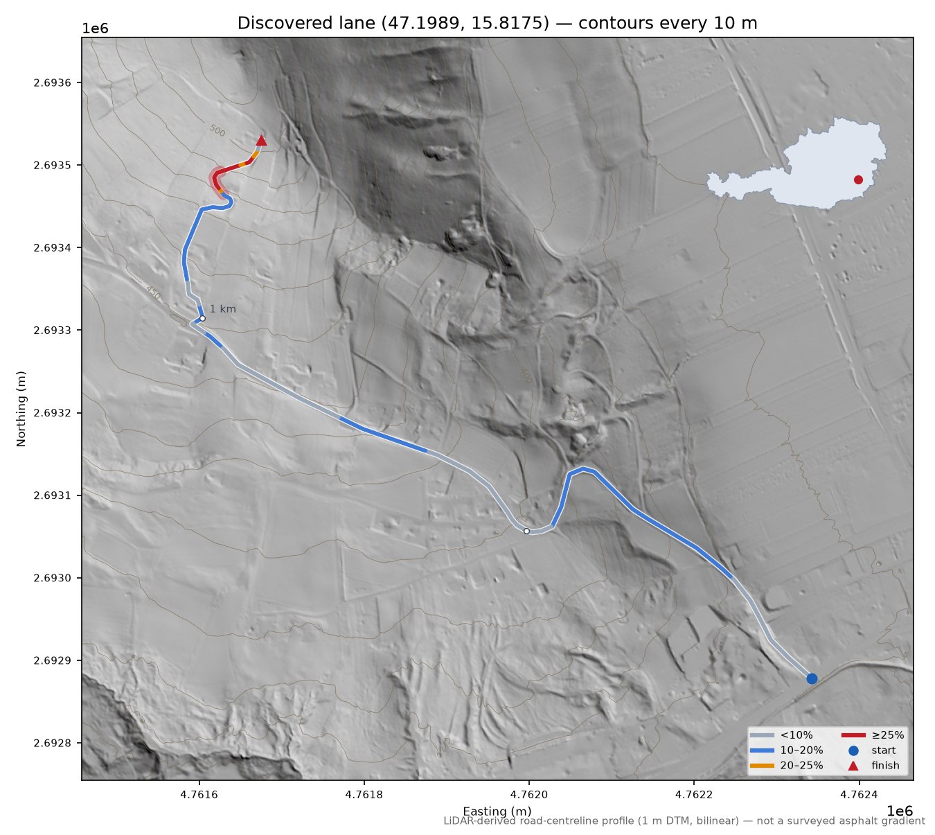 Discovered lane (47.1989, 15.8175) LiDAR hillshade map with contours