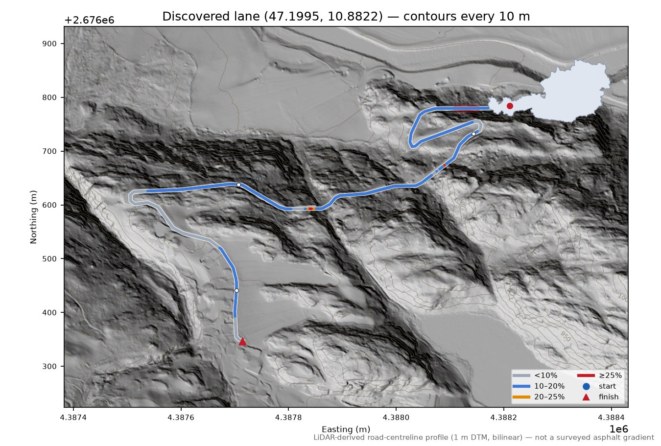 Discovered lane (47.1995, 10.8822) LiDAR hillshade map with contours