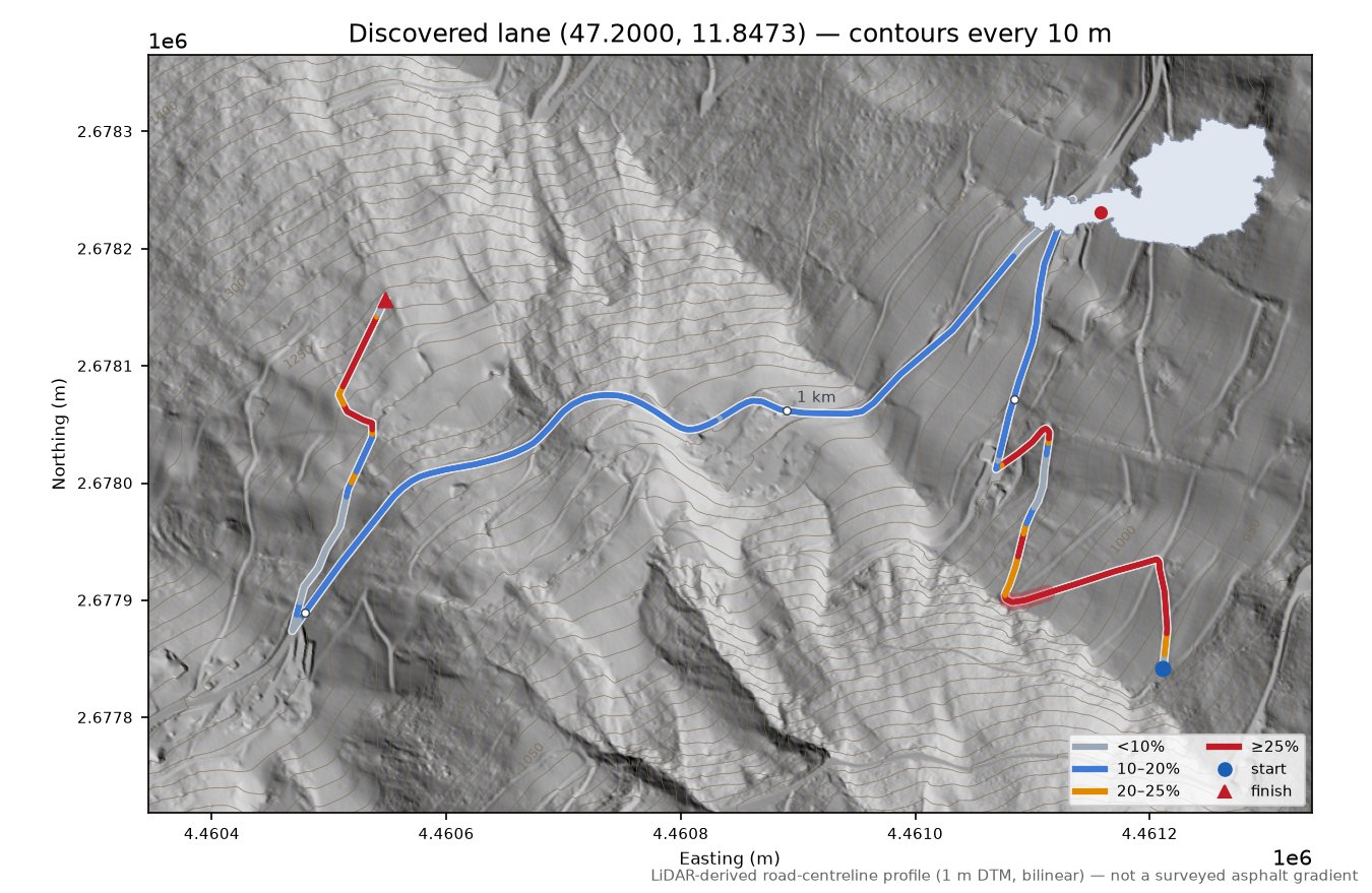 Discovered lane (47.2000, 11.8473) LiDAR hillshade map with contours