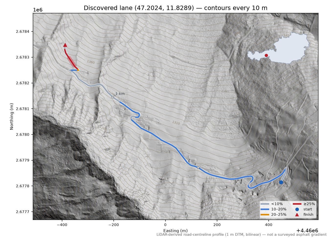 Discovered lane (47.2024, 11.8289) LiDAR hillshade map with contours