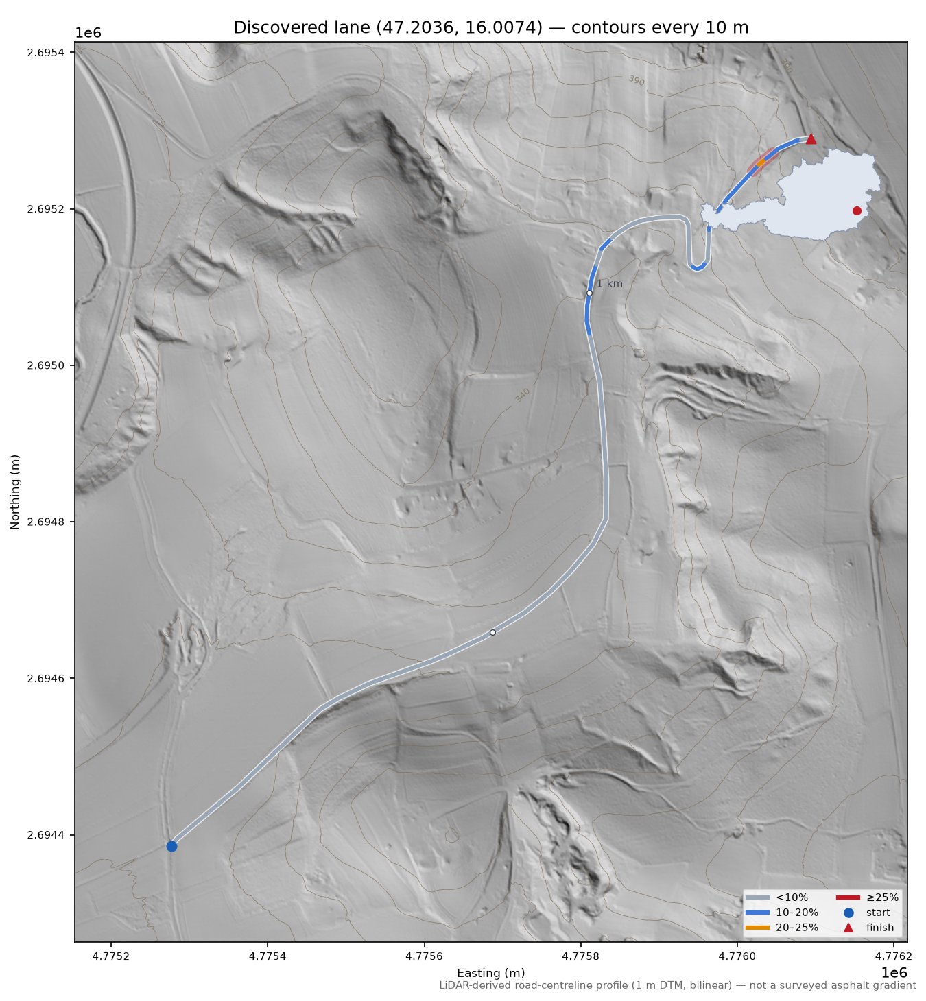 Discovered lane (47.2036, 16.0074) LiDAR hillshade map with contours