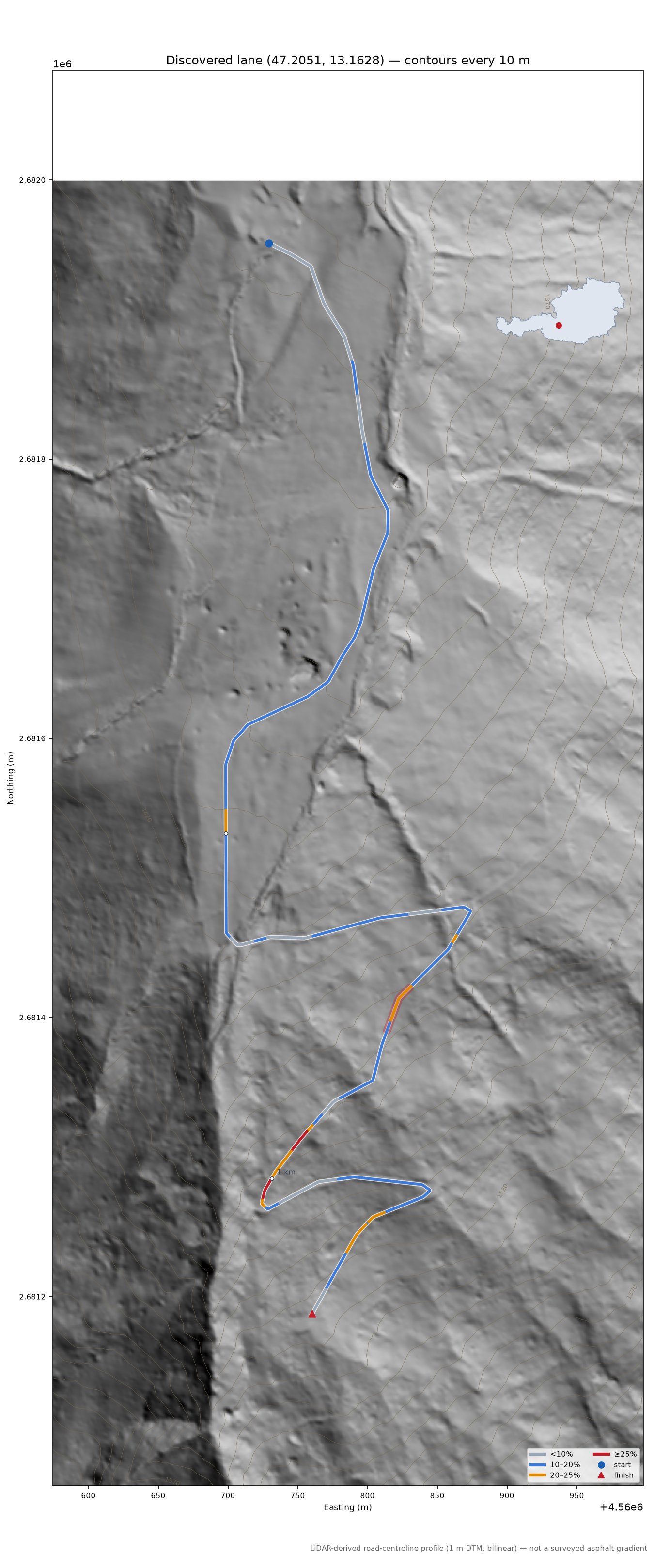 Discovered lane (47.2051, 13.1628) LiDAR hillshade map with contours