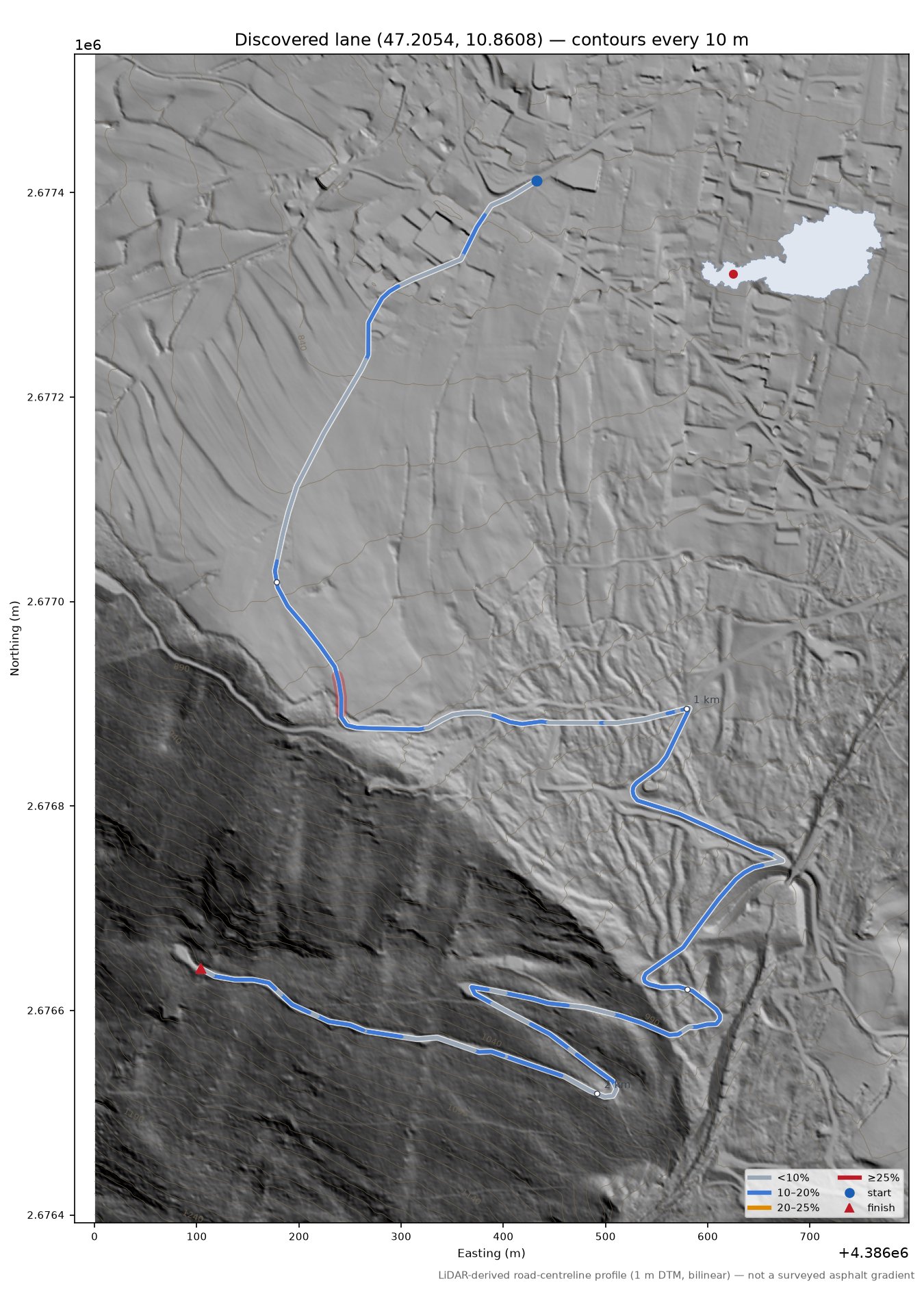 Discovered lane (47.2054, 10.8608) LiDAR hillshade map with contours