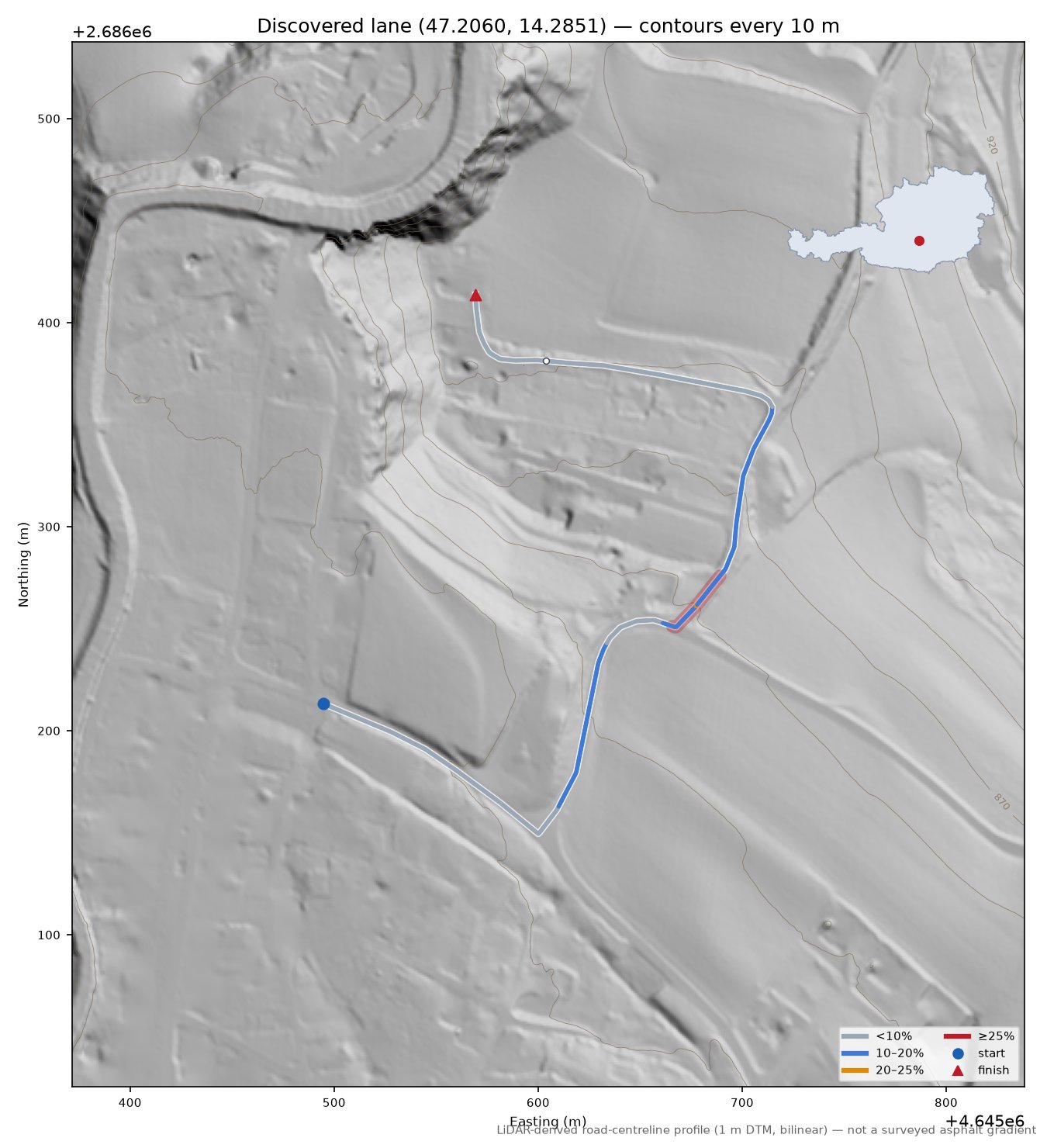 Discovered lane (47.2060, 14.2851) LiDAR hillshade map with contours