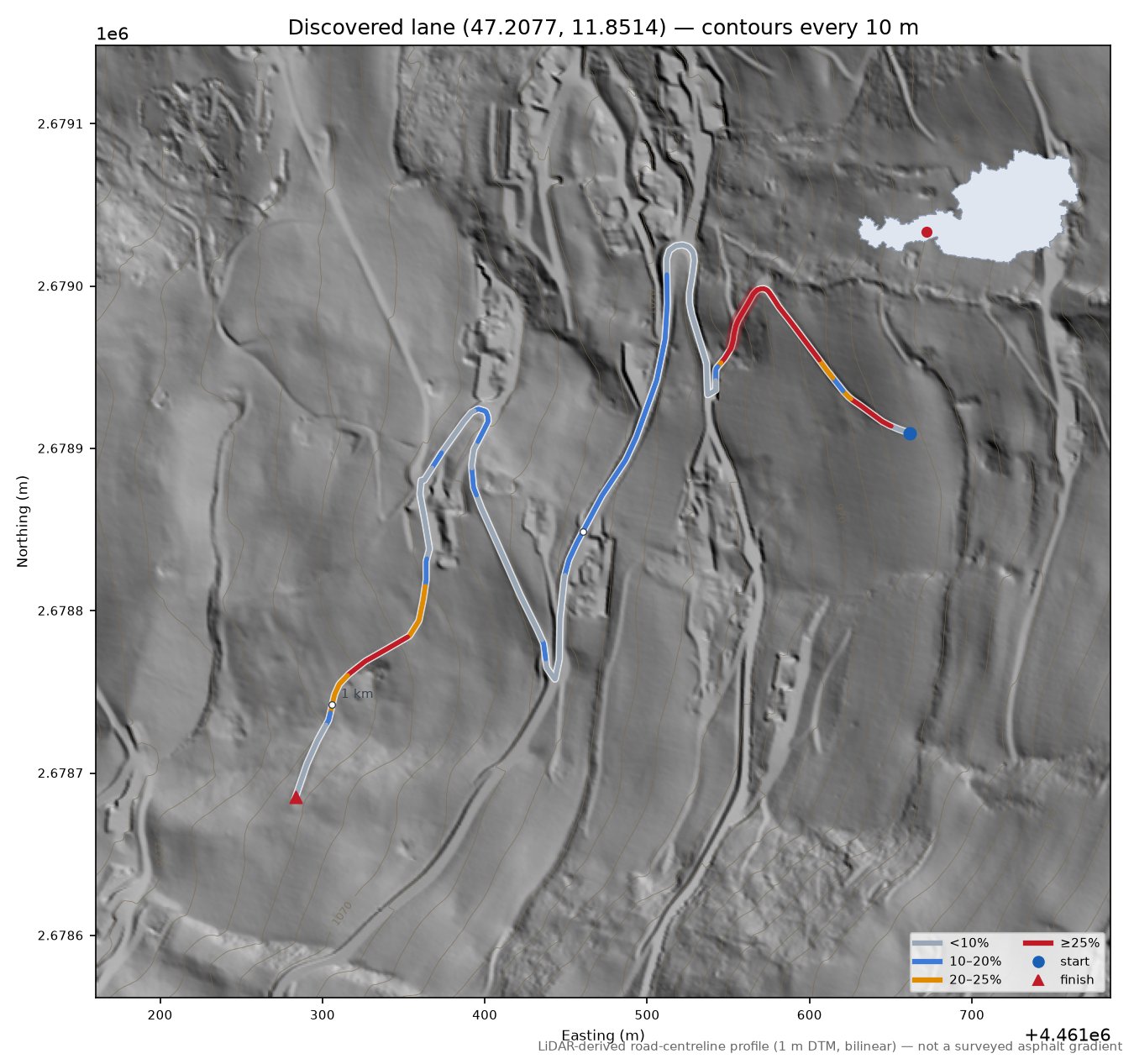 Discovered lane (47.2077, 11.8514) LiDAR hillshade map with contours