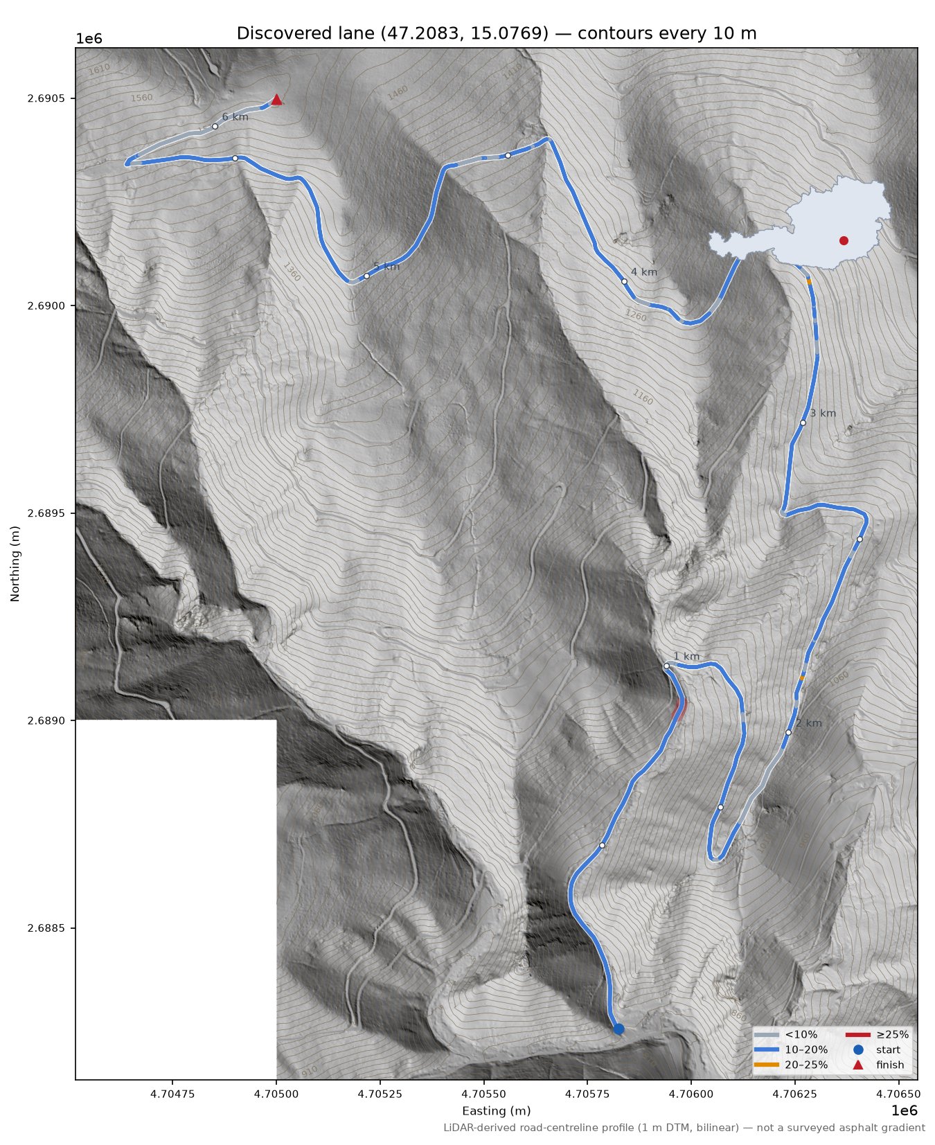 Discovered lane (47.2083, 15.0769) LiDAR hillshade map with contours