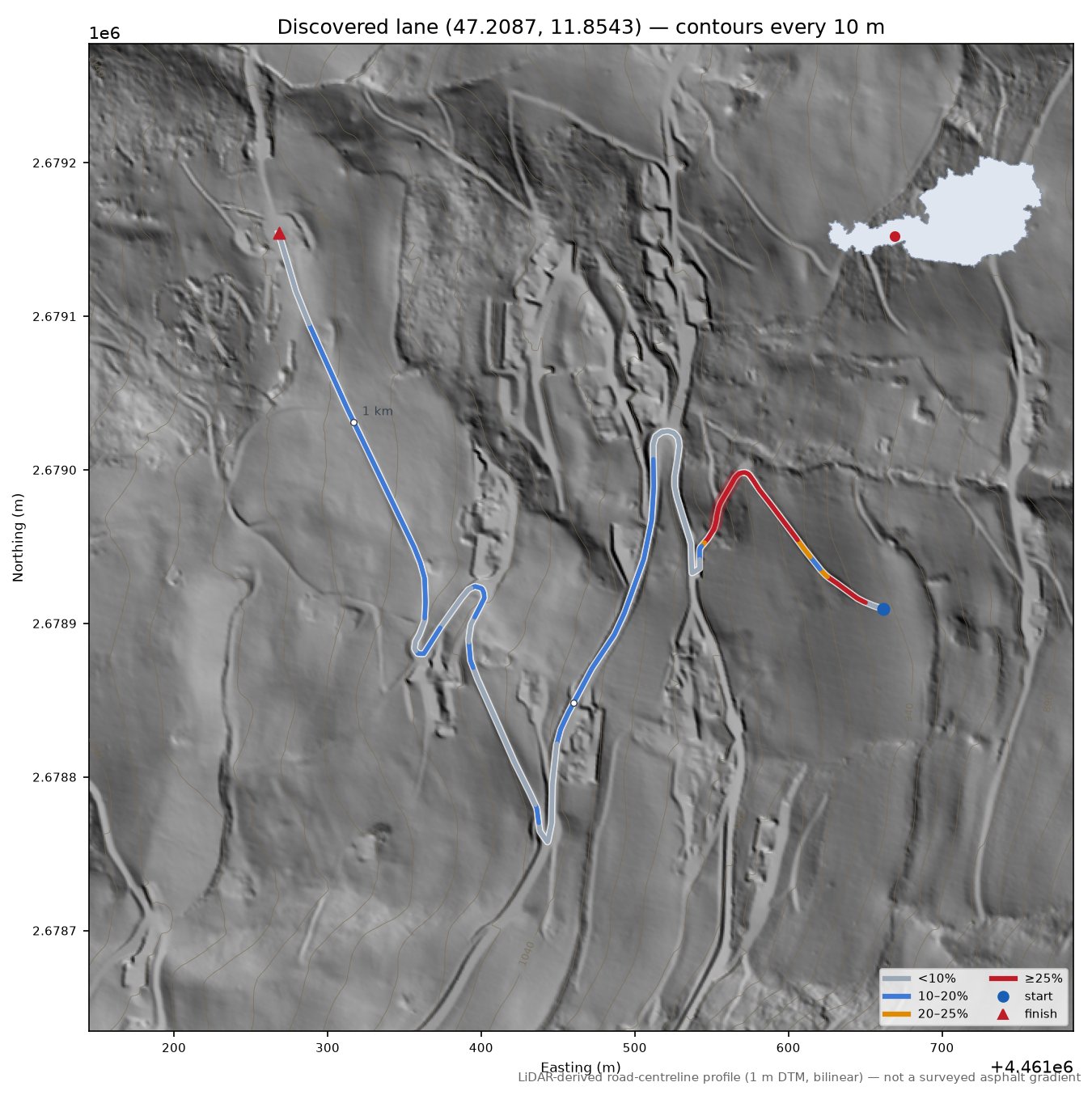 Discovered lane (47.2087, 11.8543) LiDAR hillshade map with contours