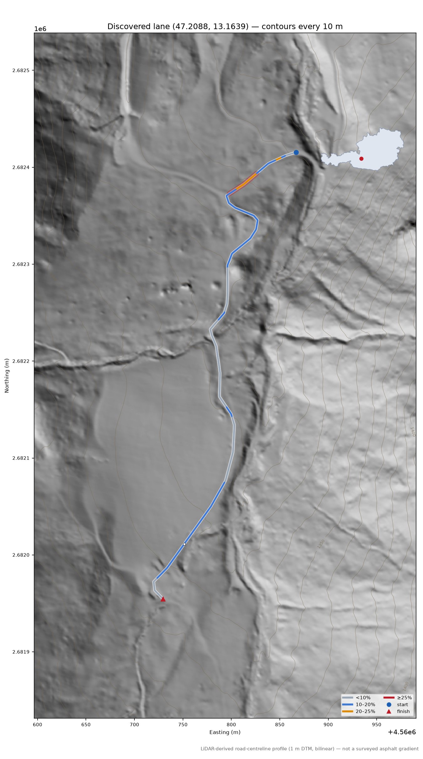 Discovered lane (47.2088, 13.1639) LiDAR hillshade map with contours