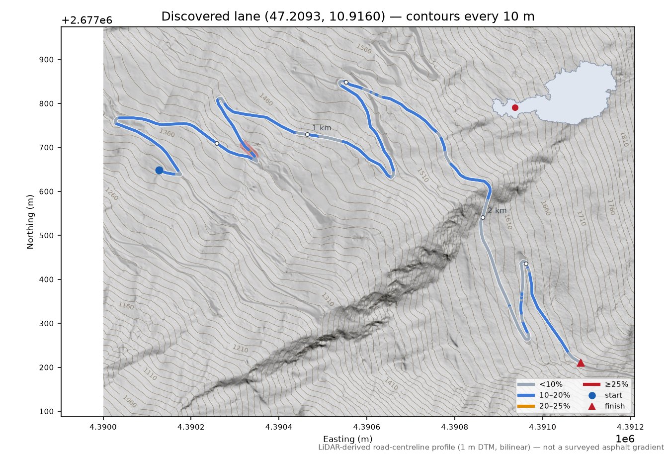 Discovered lane (47.2093, 10.9160) LiDAR hillshade map with contours
