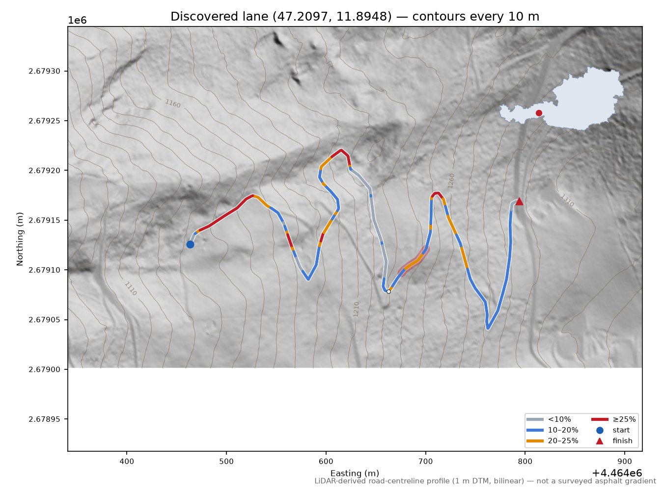 Discovered lane (47.2097, 11.8948) LiDAR hillshade map with contours
