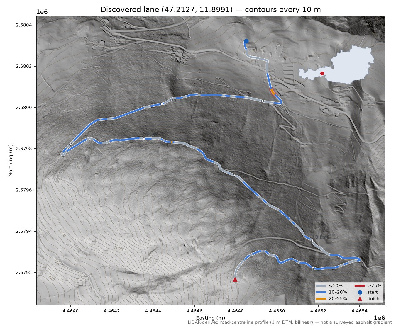 Discovered lane (47.2127, 11.8991) LiDAR hillshade map with contours