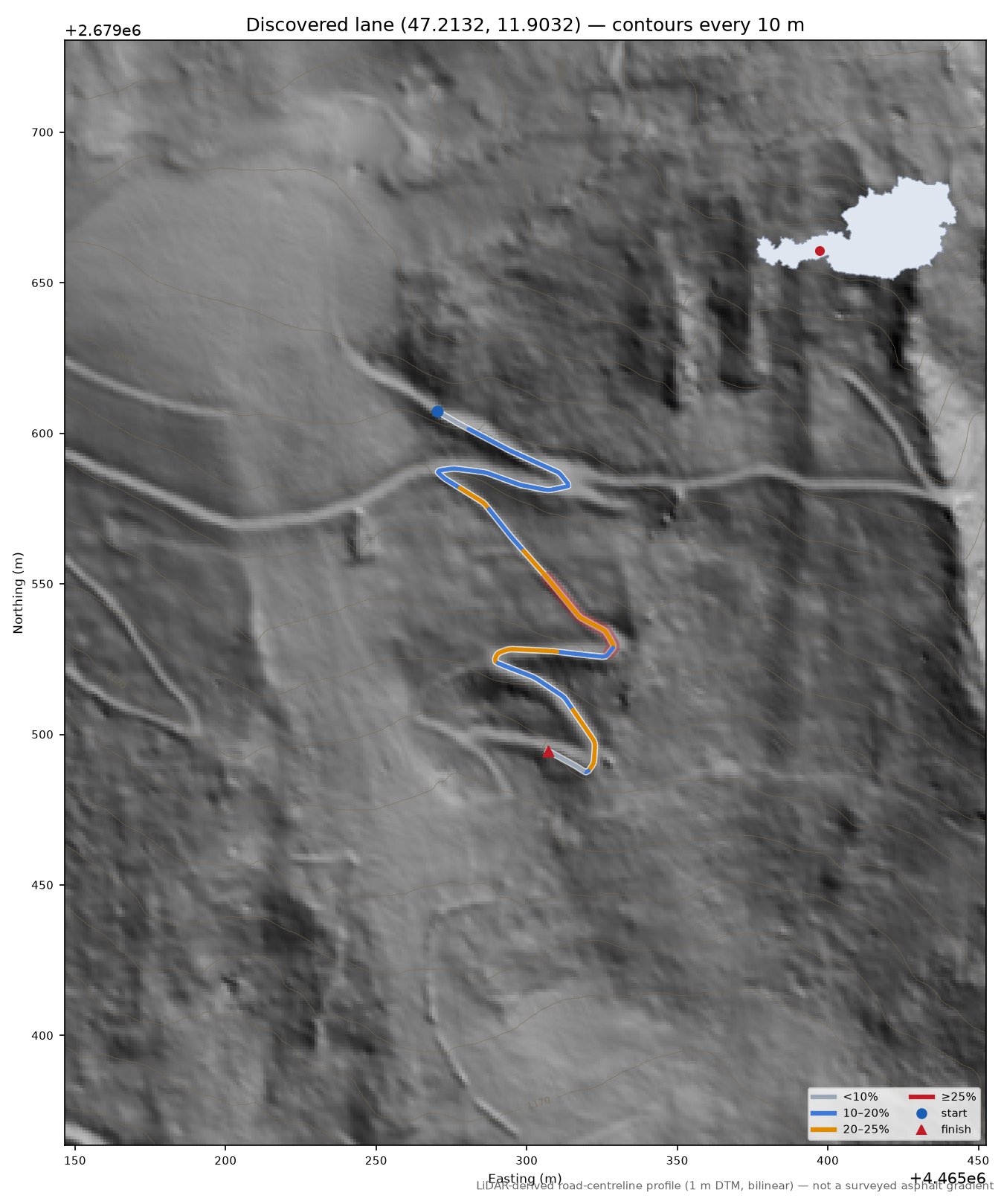 Discovered lane (47.2132, 11.9032) LiDAR hillshade map with contours