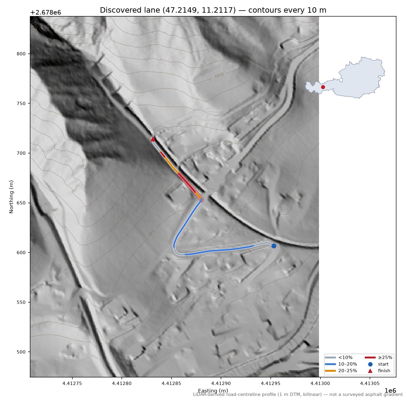 Discovered lane (47.2149, 11.2117) LiDAR hillshade map with contours