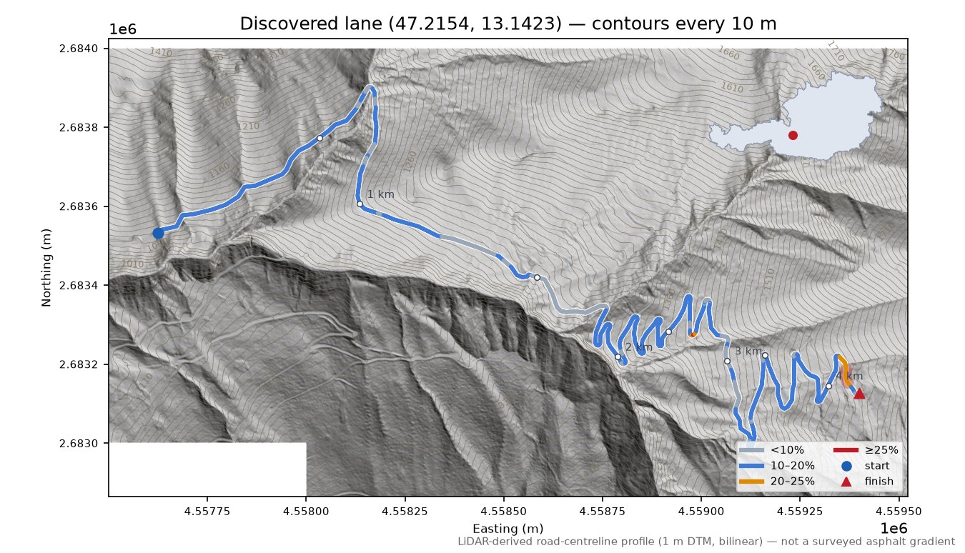 Discovered lane (47.2154, 13.1423) LiDAR hillshade map with contours