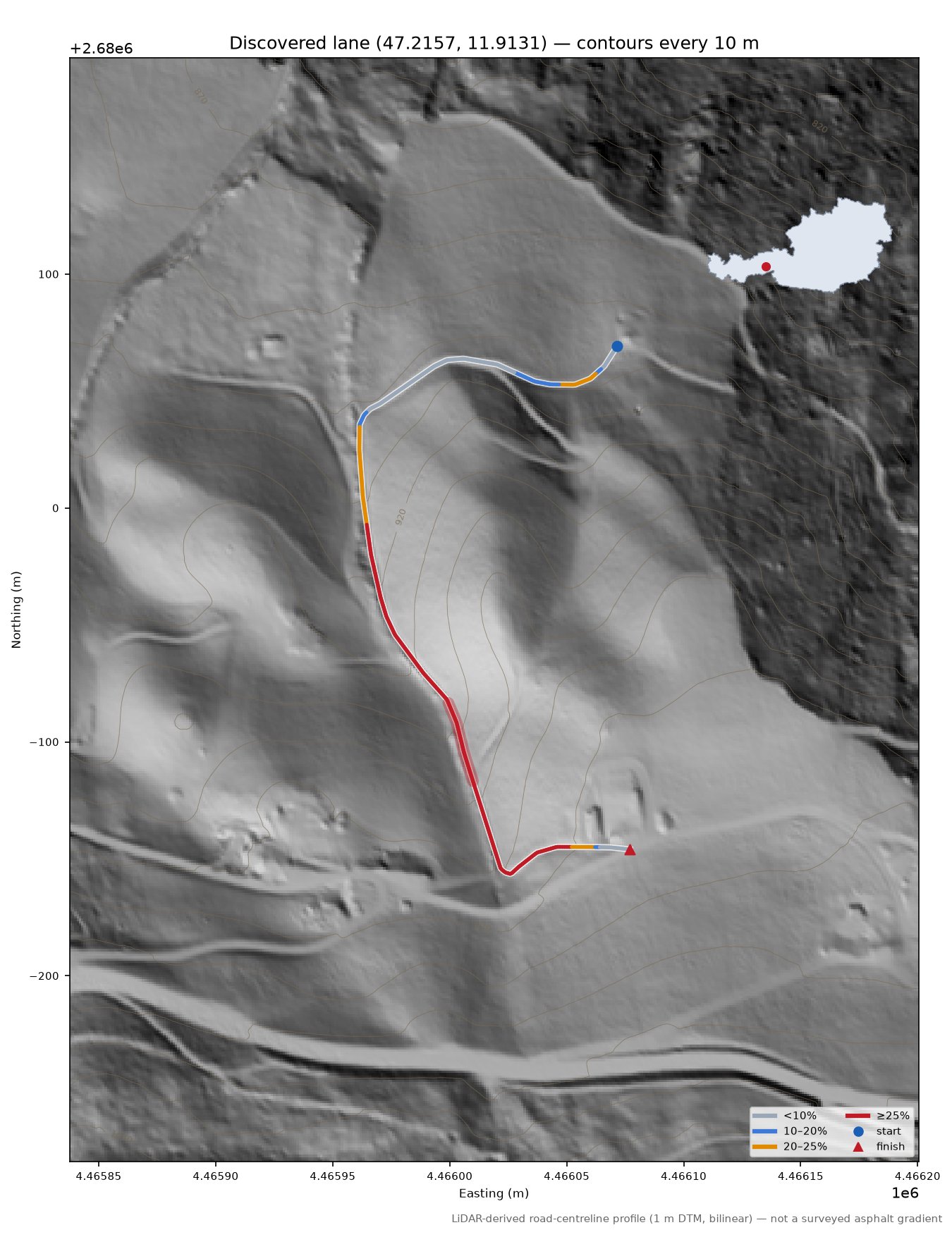 Discovered lane (47.2157, 11.9131) LiDAR hillshade map with contours