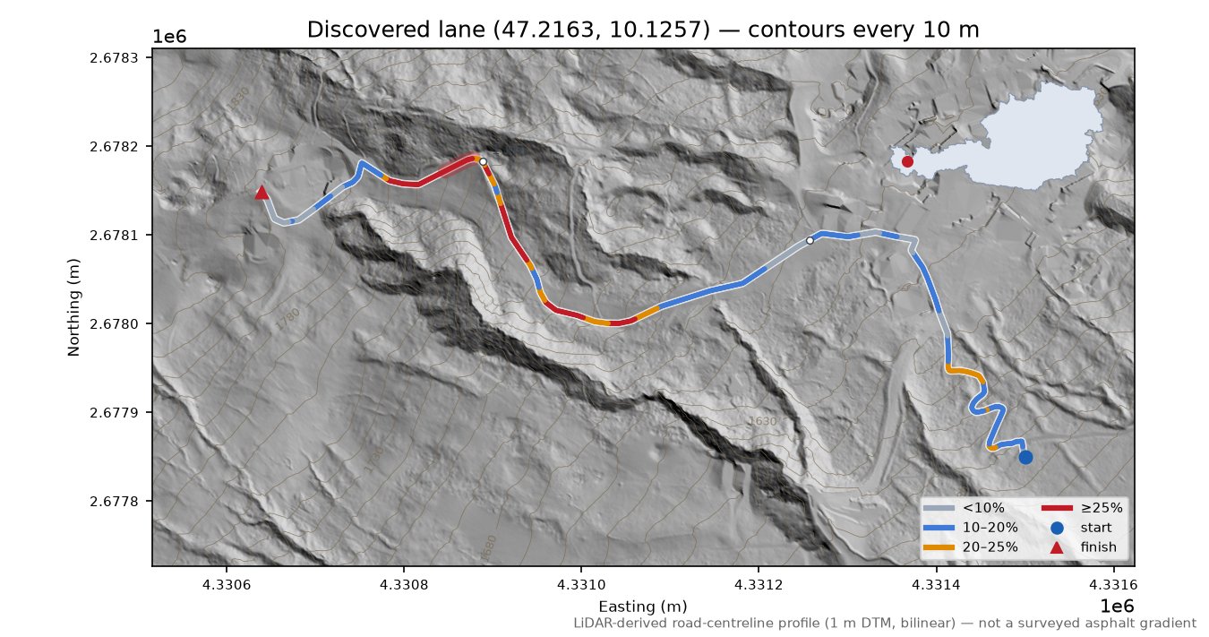 Discovered lane (47.2163, 10.1257) LiDAR hillshade map with contours