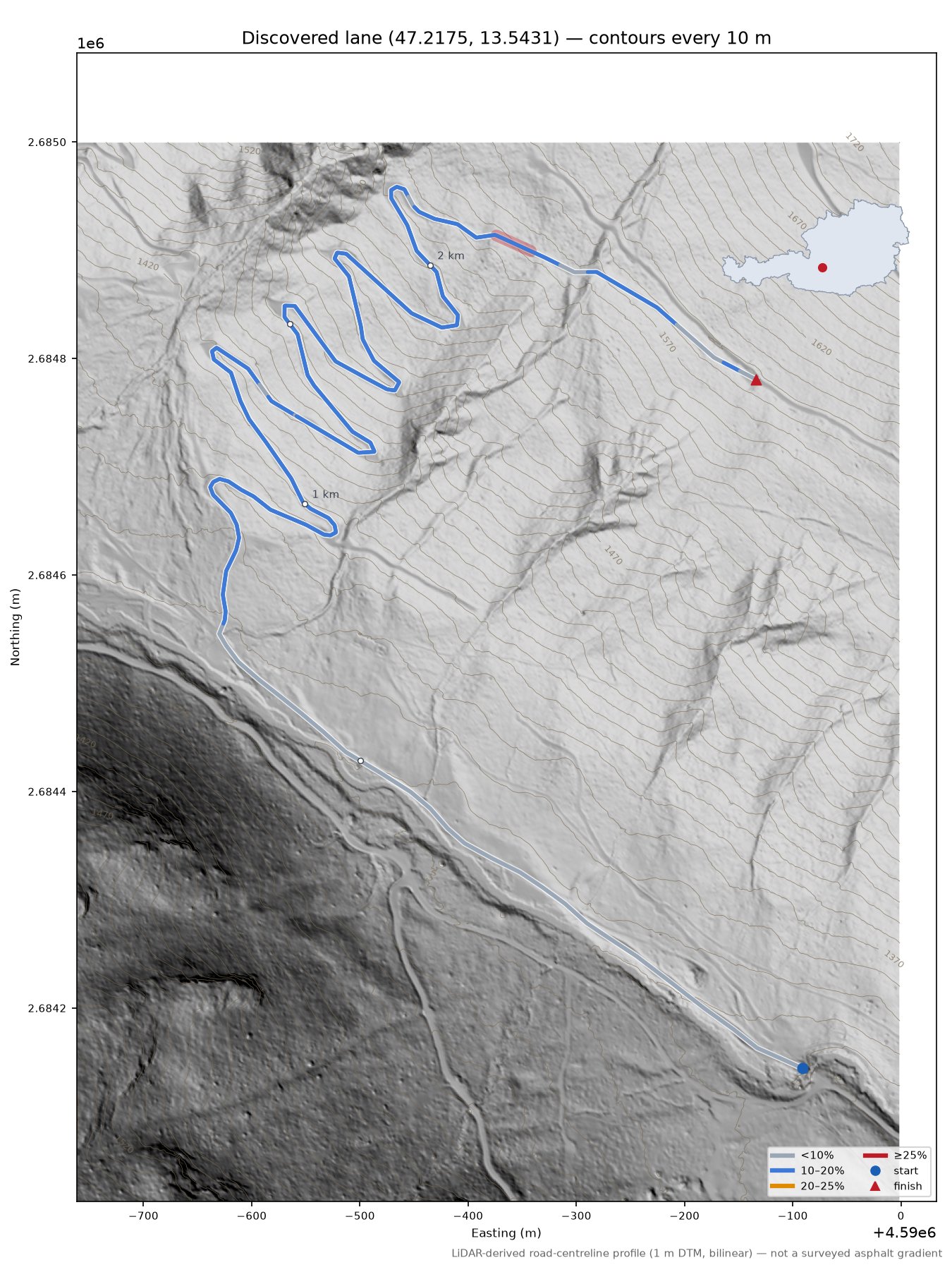 Discovered lane (47.2175, 13.5431) LiDAR hillshade map with contours