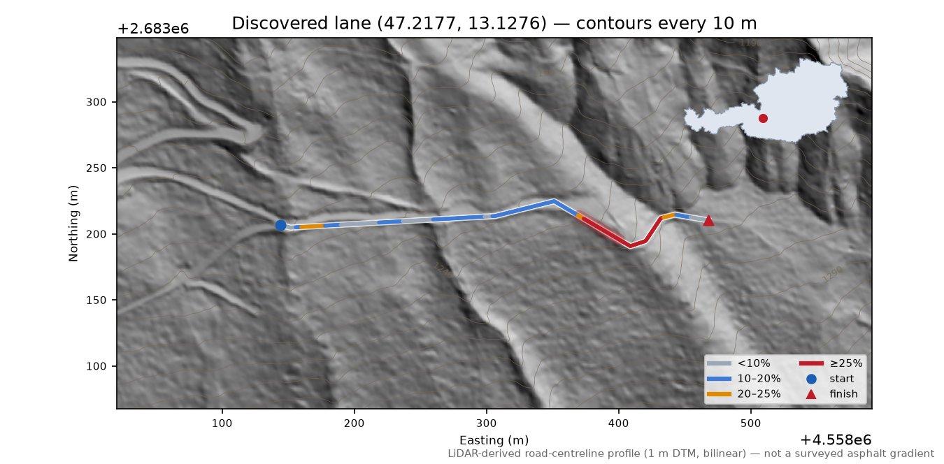 Discovered lane (47.2177, 13.1276) LiDAR hillshade map with contours